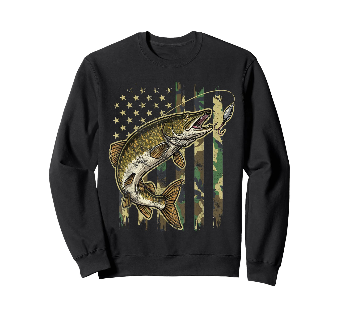 Vintage Northern Pike Fishing Camo American Flag T-Shirt