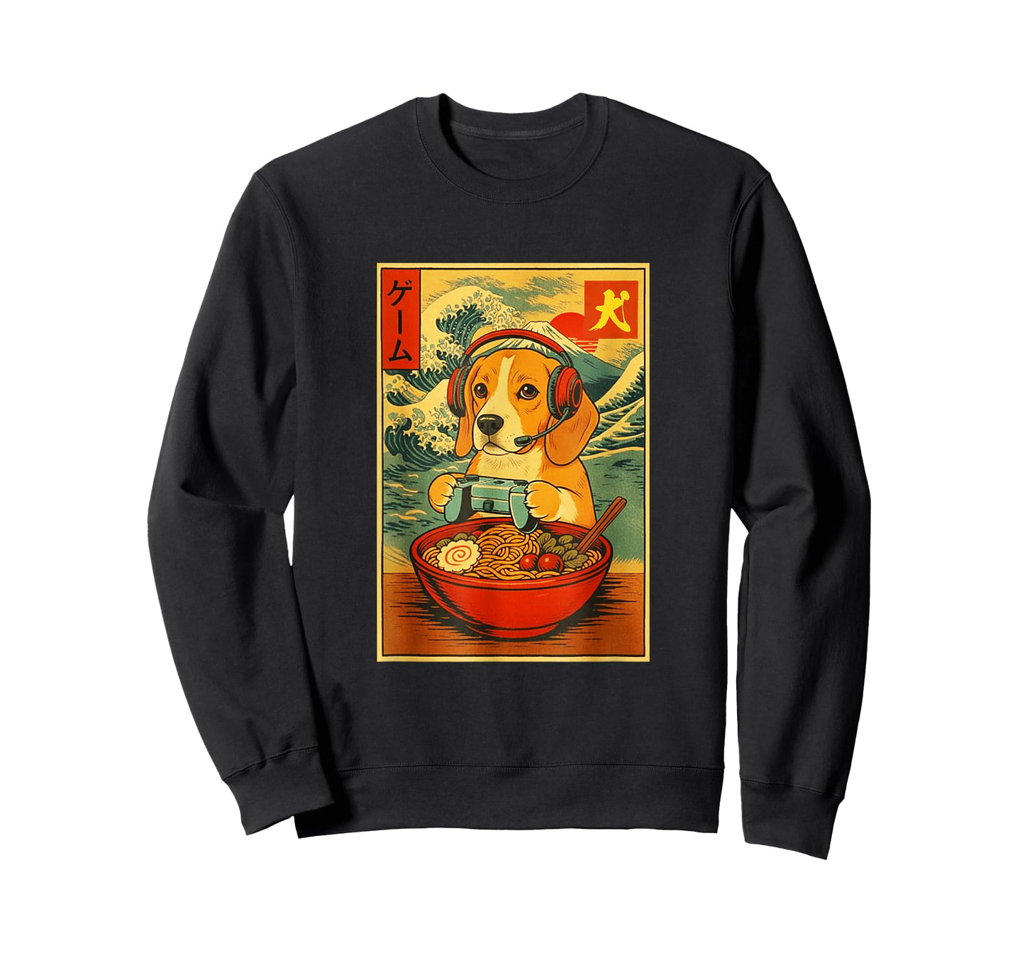 Beagle Dog Gaming Ramen Japanese Ukiyo-e Great Wave Retro T-Shirt