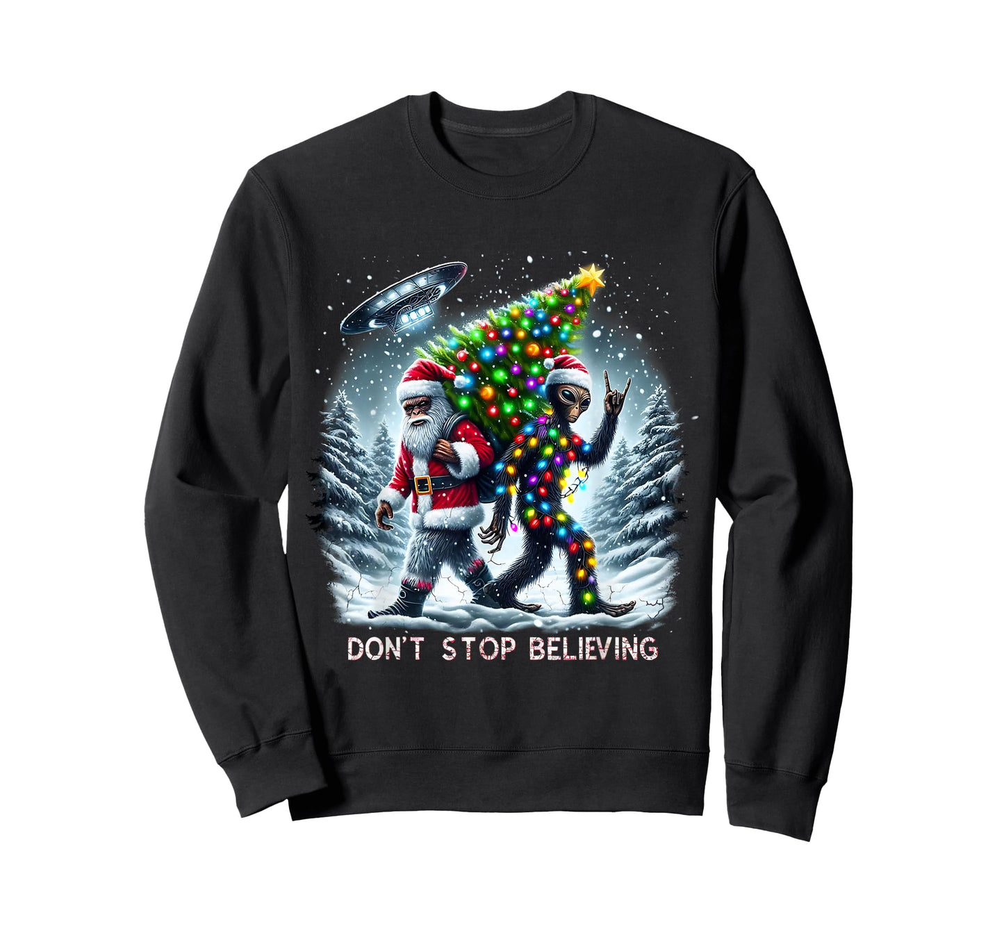Believe Funny Alien and Santa Christmas Design T-Shirt