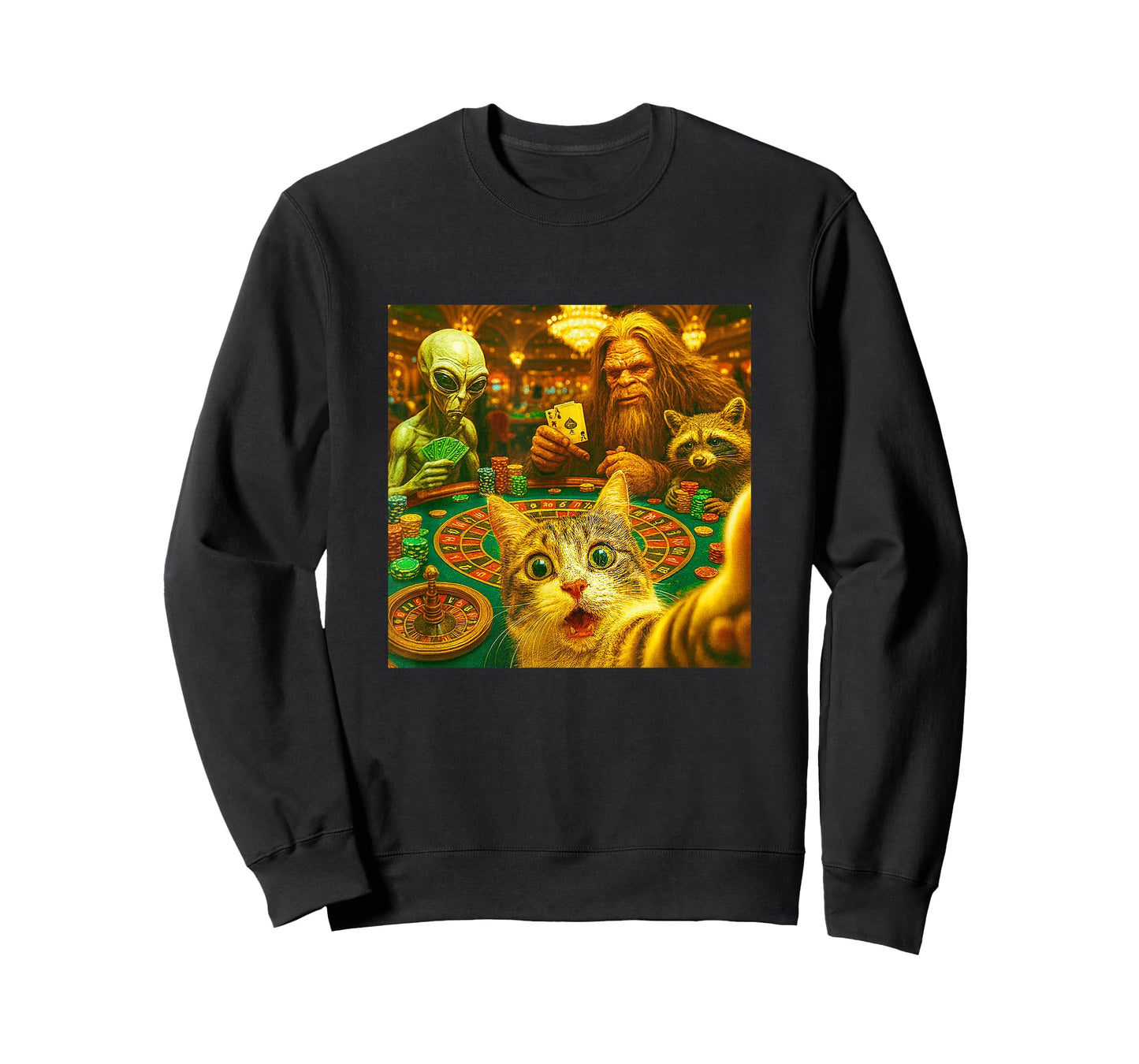 Funny Gambling Cat Raccoon Alien Bigfoot Selfie Art Casino T-Shirt