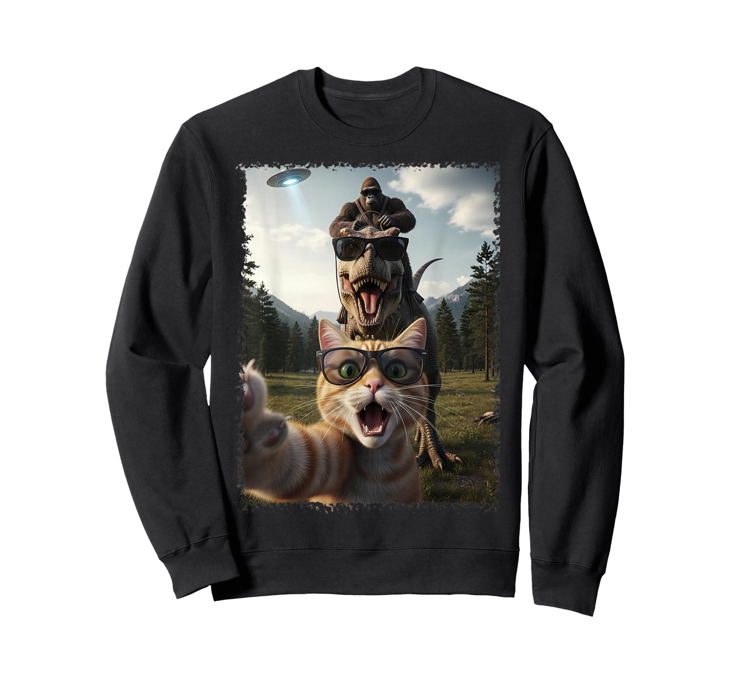 Funny Cat T-Rex Bigfoot Design UFO Selfie T-Shirt