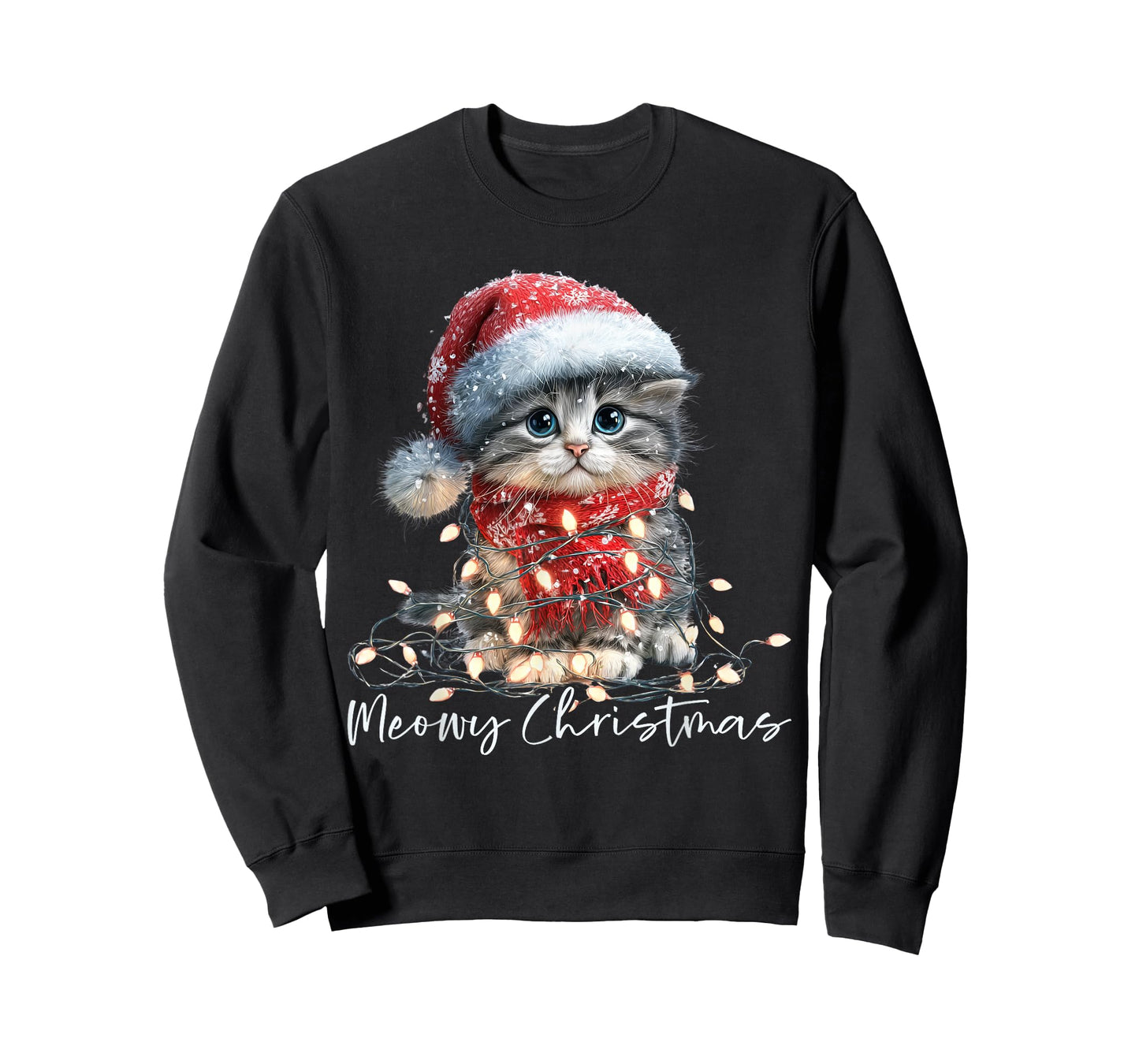 Meowy Christmas Black Cat Lights Santa Hat Funny Holiday T-Shirt