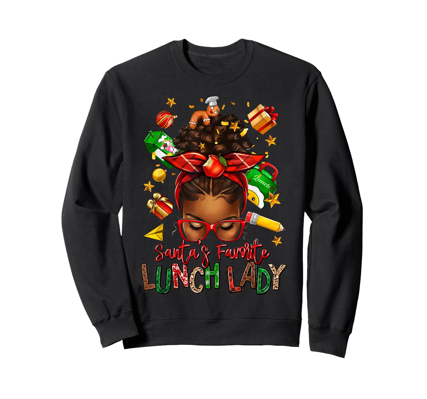 Santa's Favorite Lunch Lady Afro Messy Bun Woman Christmas T-Shirt