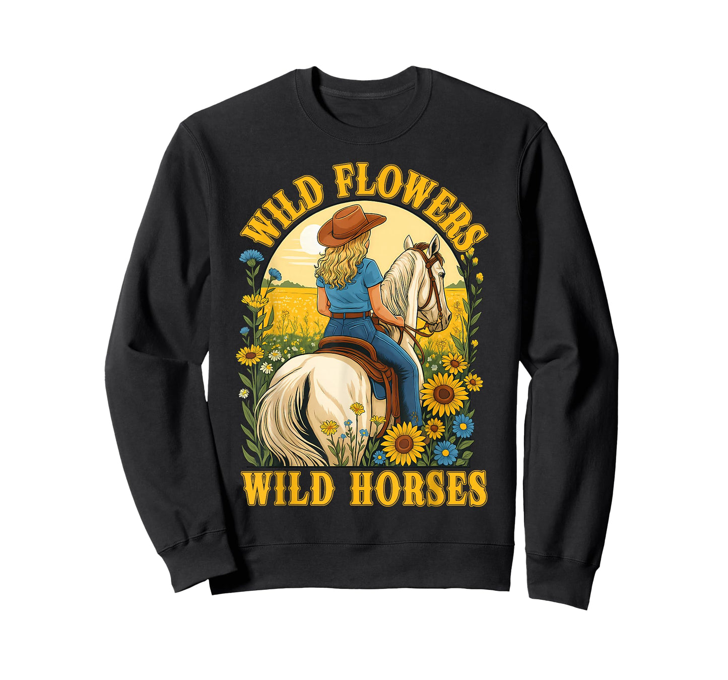 Retro Southern Sunset Cowgirl Wild Flowers Wild Horses T-Shirt