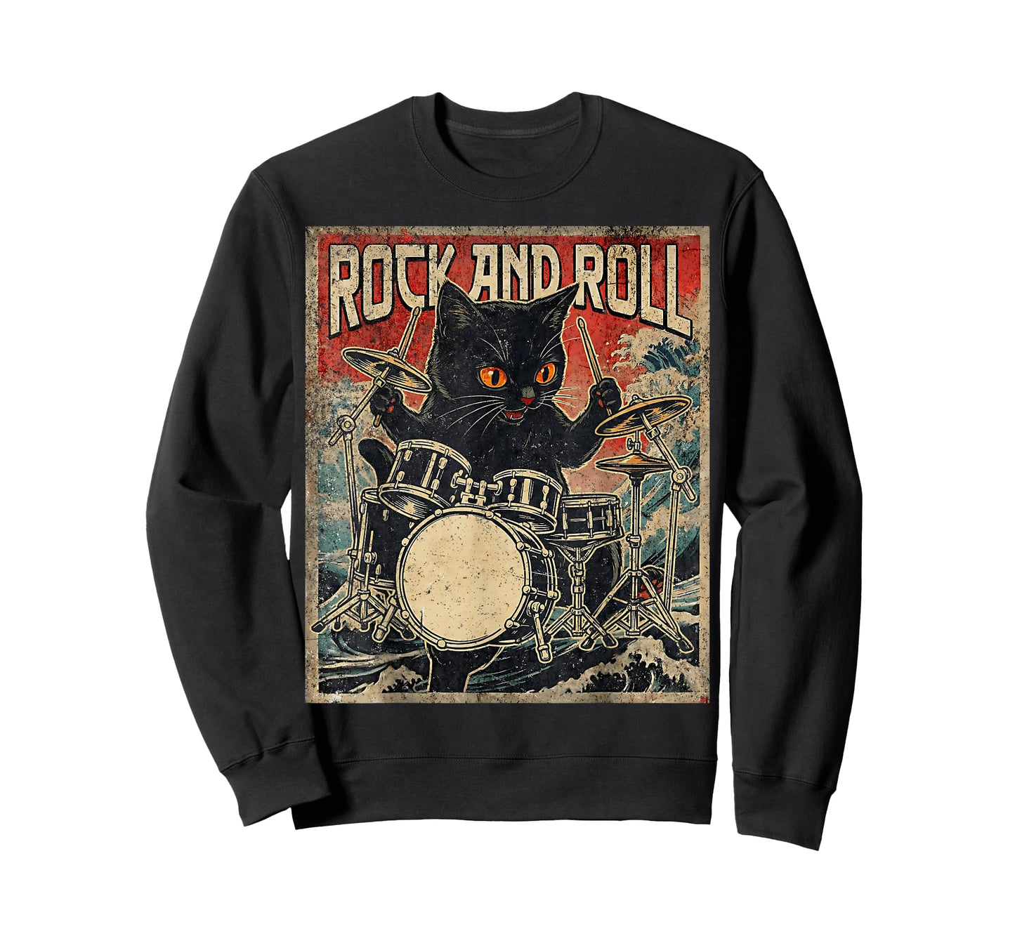 Cat Playing Drums Rock On Vintage Rock Drummer Cat T-Shirt
