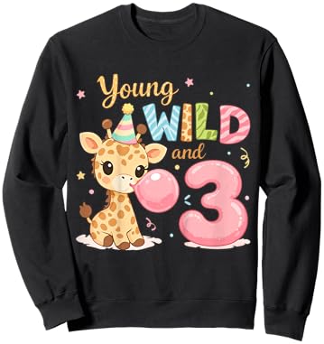 Kids Kids 3rd Birthday Young Wild and Three 3 Year Old Giraffe Sweatshirt - Sweatshirt | Black