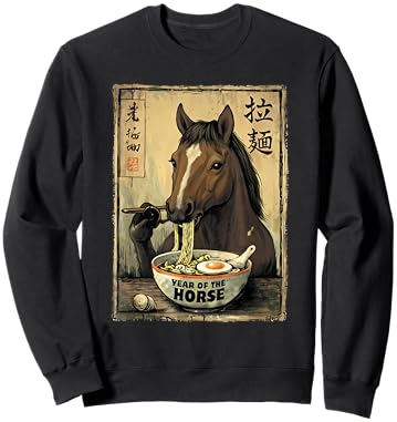 Retro Kawaii Ramen Horse Eating Japanese Noodles Graphic Sweatshirt - Sweatshirt | Black