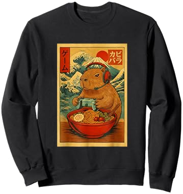 Capybara Gaming Ramen Japanese Ukiyo-e Great Wave Retro Art Sweatshirt - Sweatshirt | Black