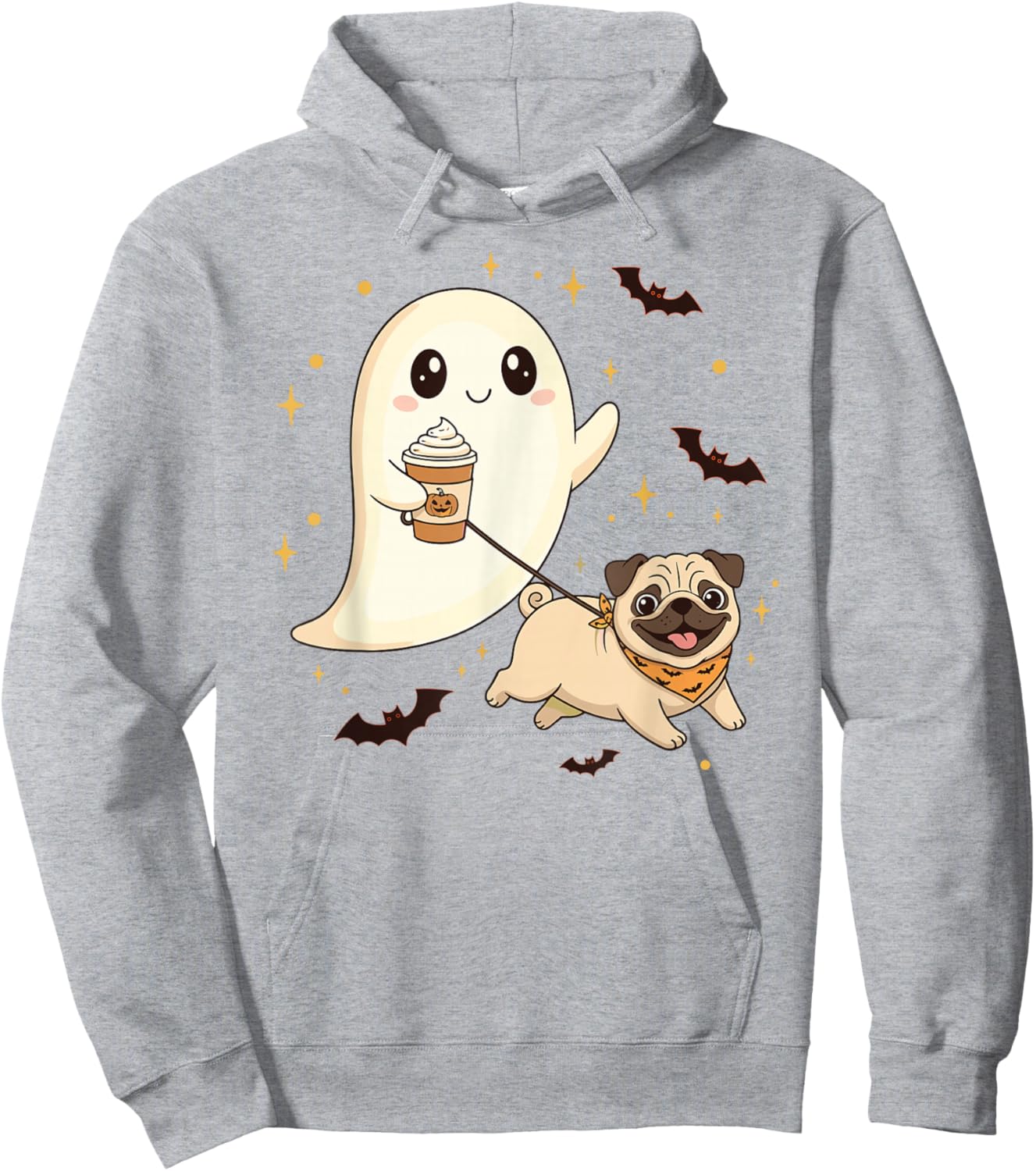 Cute Ghost Walking Dog Pug Coffee Halloween Costume Hoodie - Hoodie | Ash