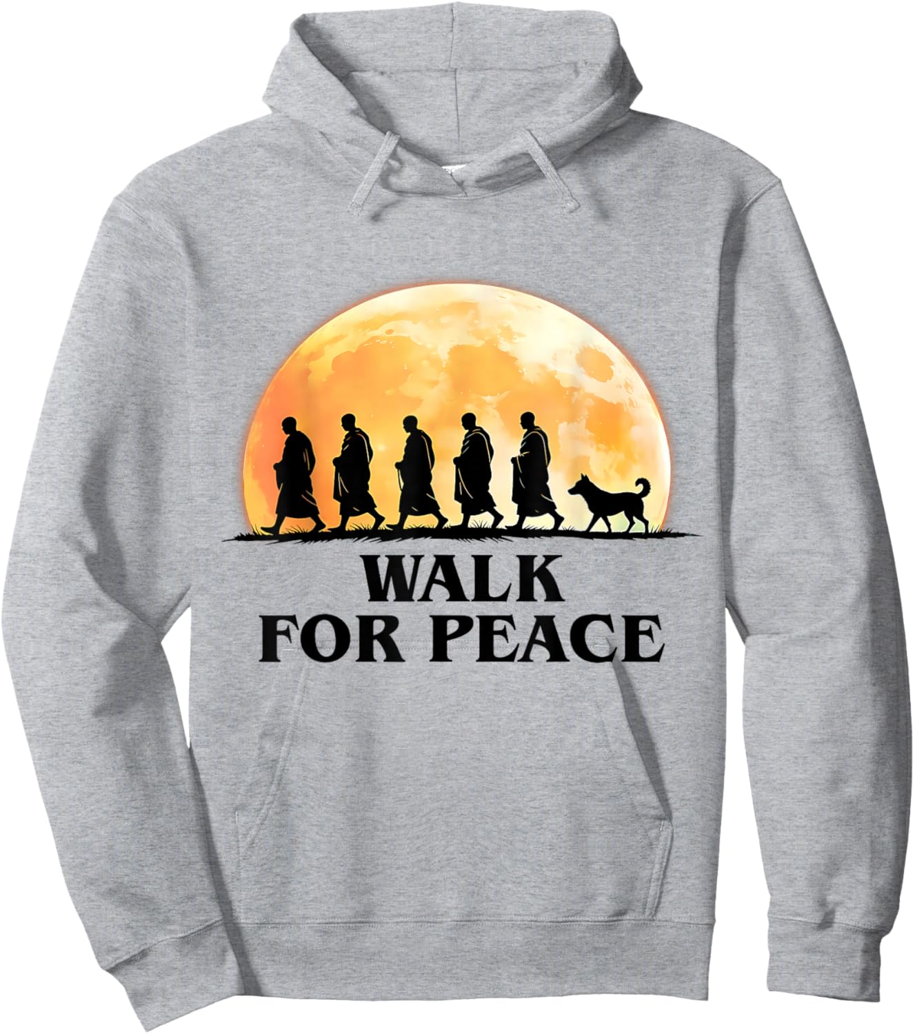 Retro Peace Walking Monks & Dog Minimalist Zen Art Graphic Hoodie - Hoodie | Ash