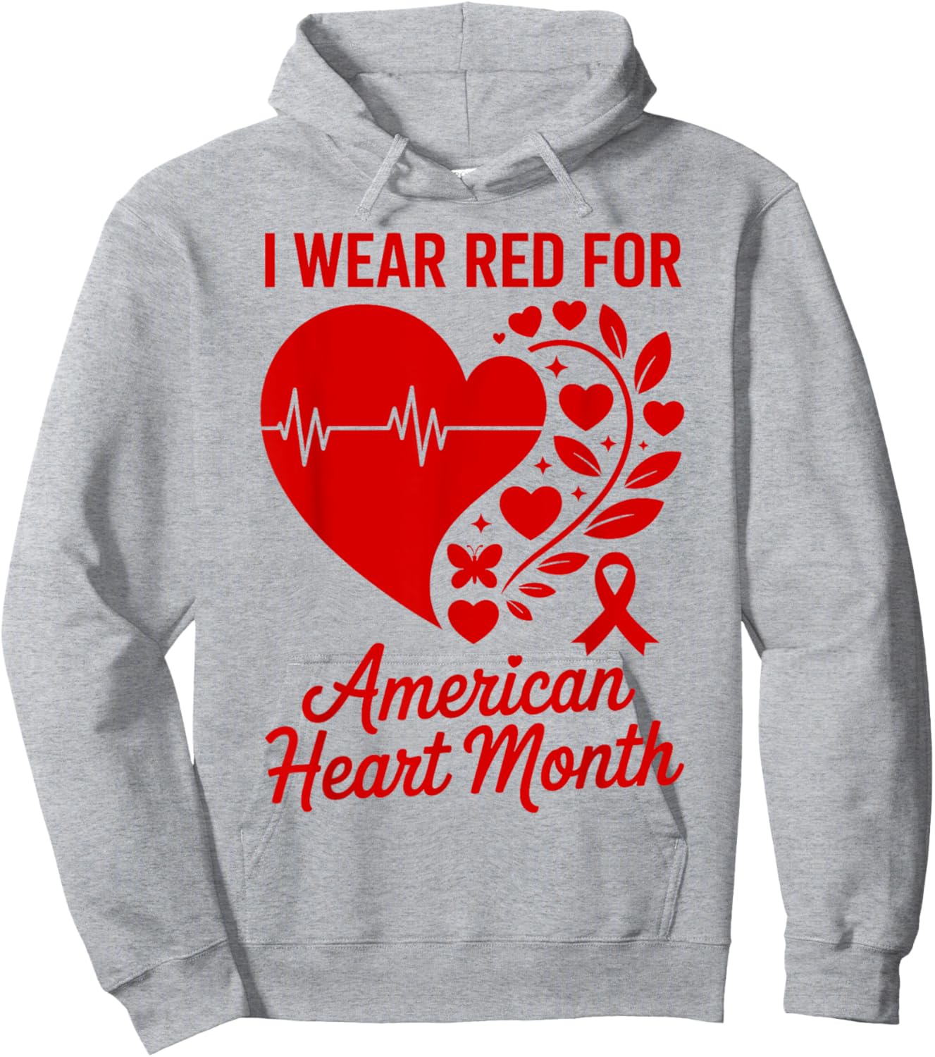 American Heart Disease Awareness Month Ribbon Red Heart Hoodie - Hoodie | Ash