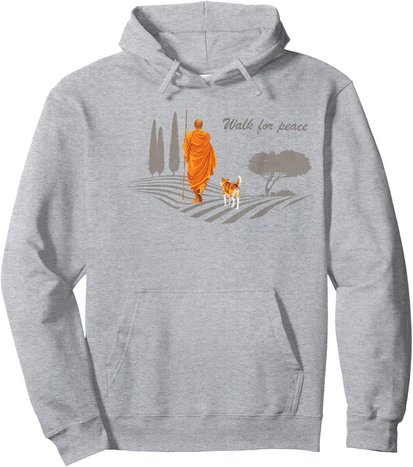 Retro Peace Walking Monks & Dog Minimalist Zen Art Hoodie - Hoodie | Ash