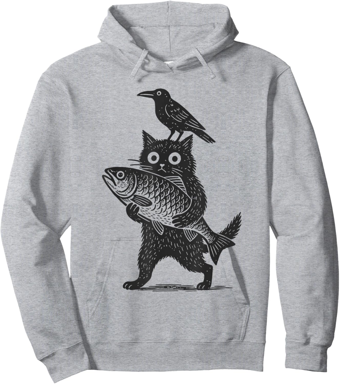 Retro Woodcut Cat with Fish and Crow Funny Animal Graphic Hoodie - Hoodie | Ash