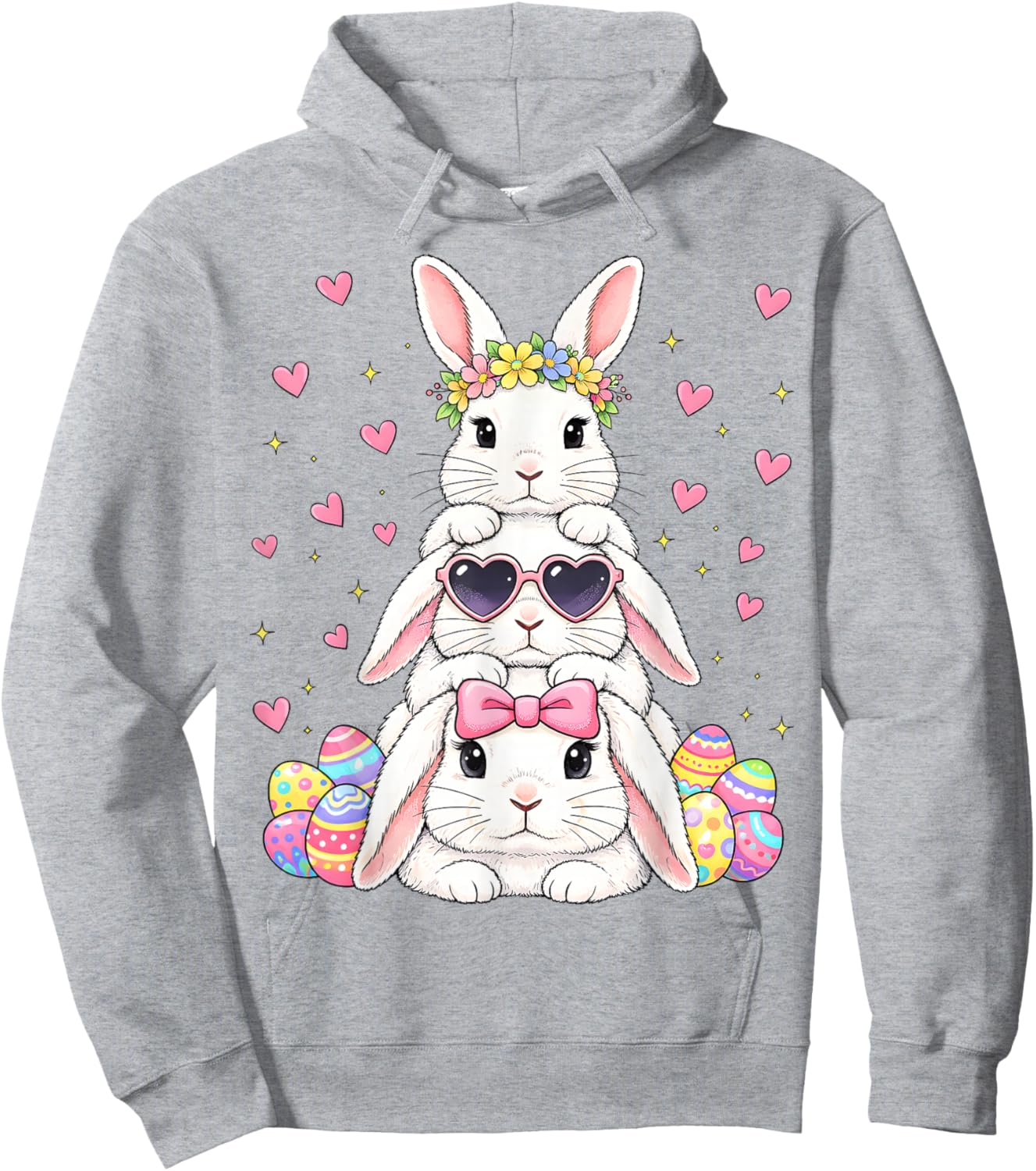 Cute Happy Easter Bunny Stack Floral Easter Eggs Girl Kids Hoodie - Hoodie | Ash