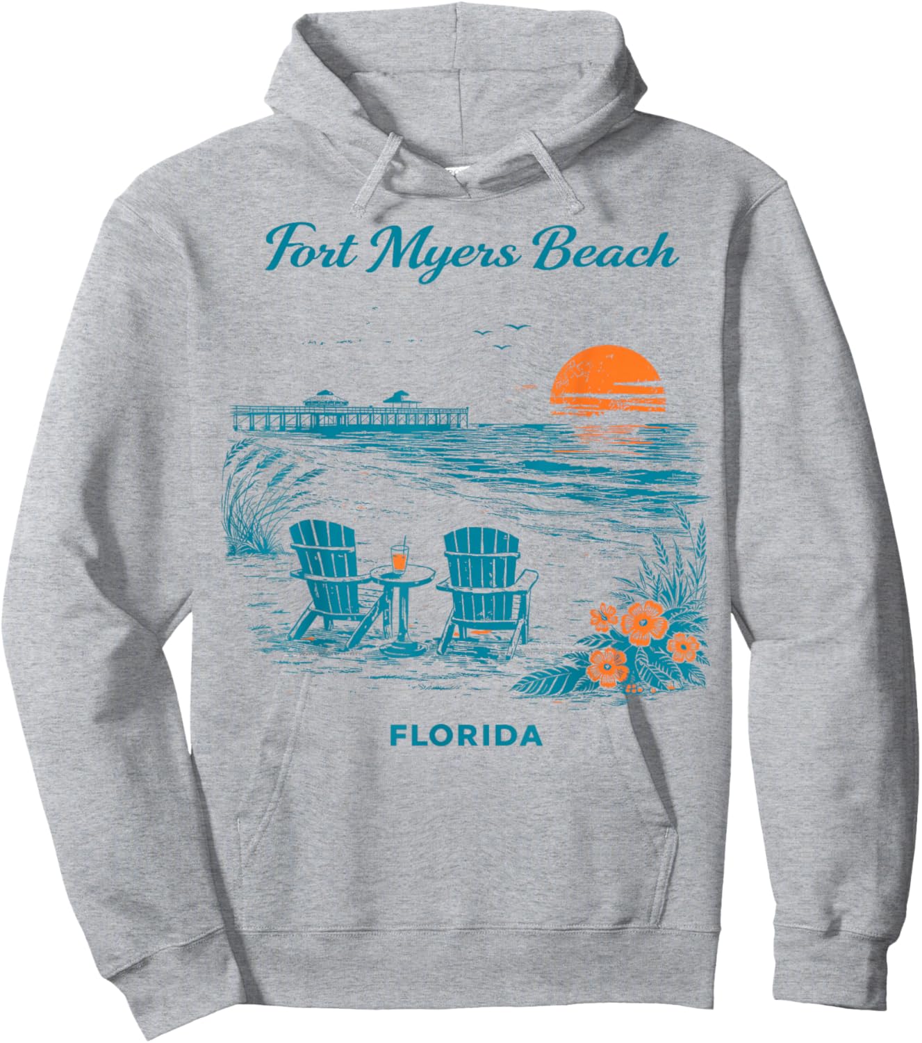 Fort Myers Beach Florida Vintage Travel Scenic Illustration Hoodie - Hoodie | Ash