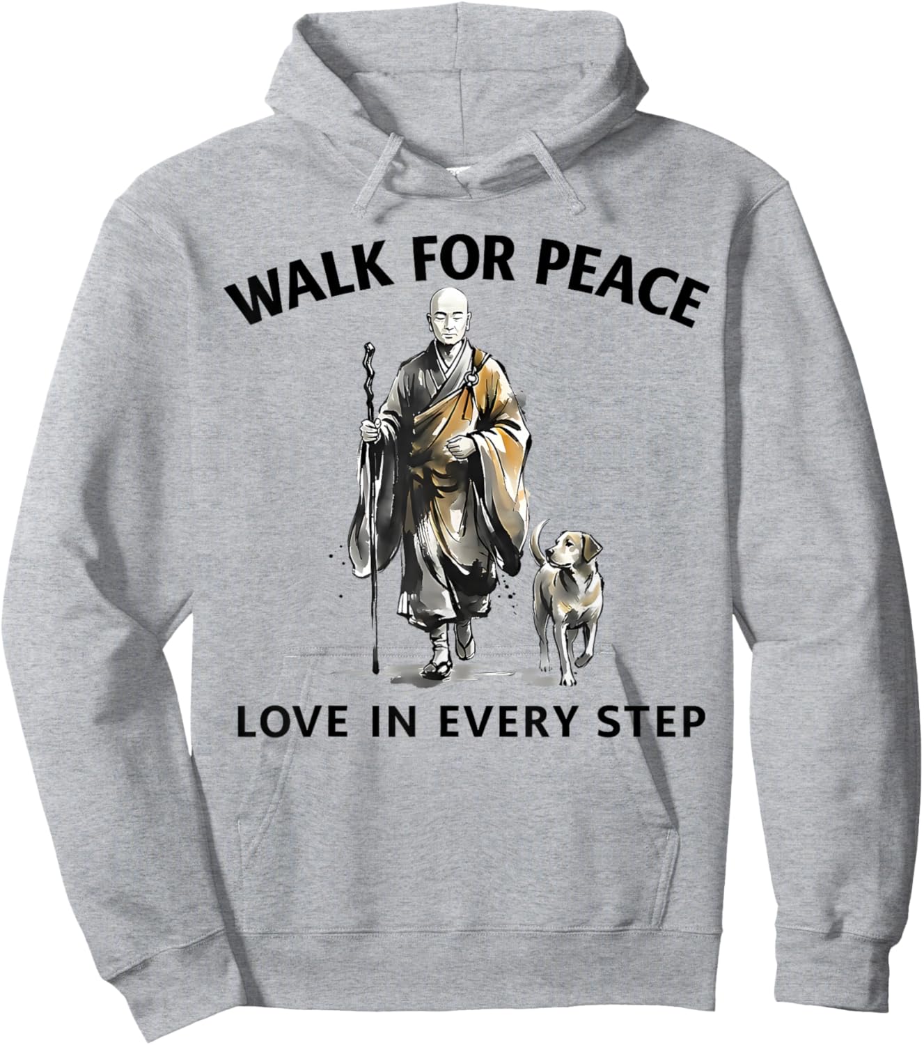 Retro Peace Walking Monks & Dog Minimalist Zen Art Hoodie - Hoodie | Ash
