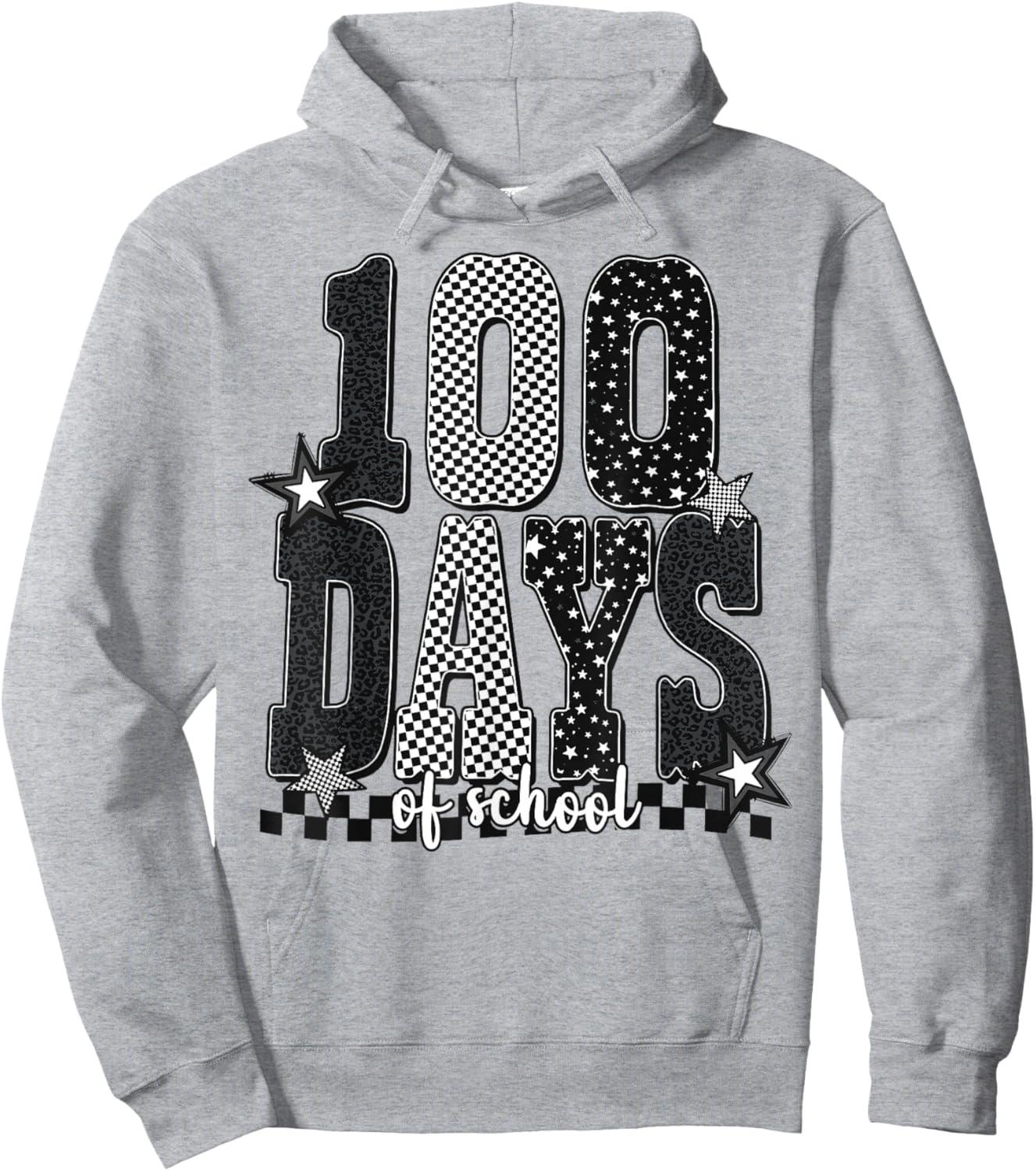 Black White Checkered Leopard 100 Days of School Stars Hoodie - Hoodie | Ash
