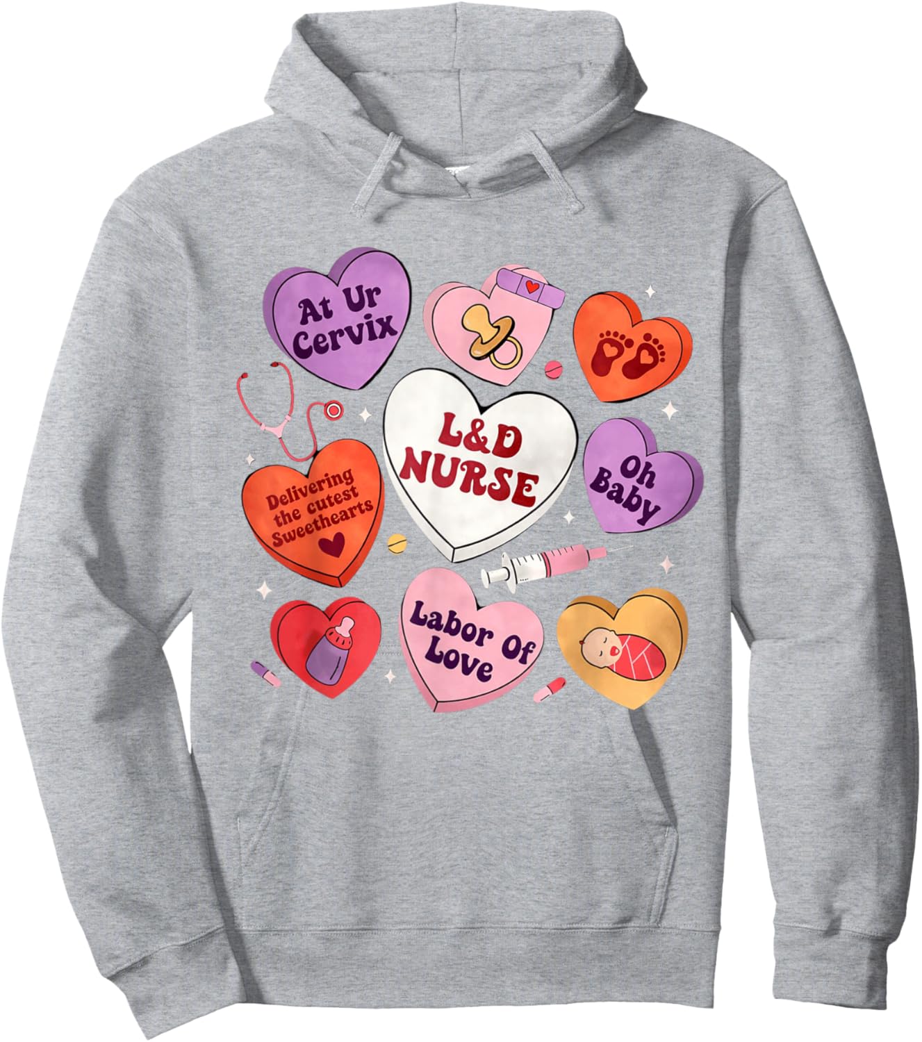 L&D Nurse Valentines Shirt Labor and Delivery Cute Candy Hoodie - Hoodie | Ash