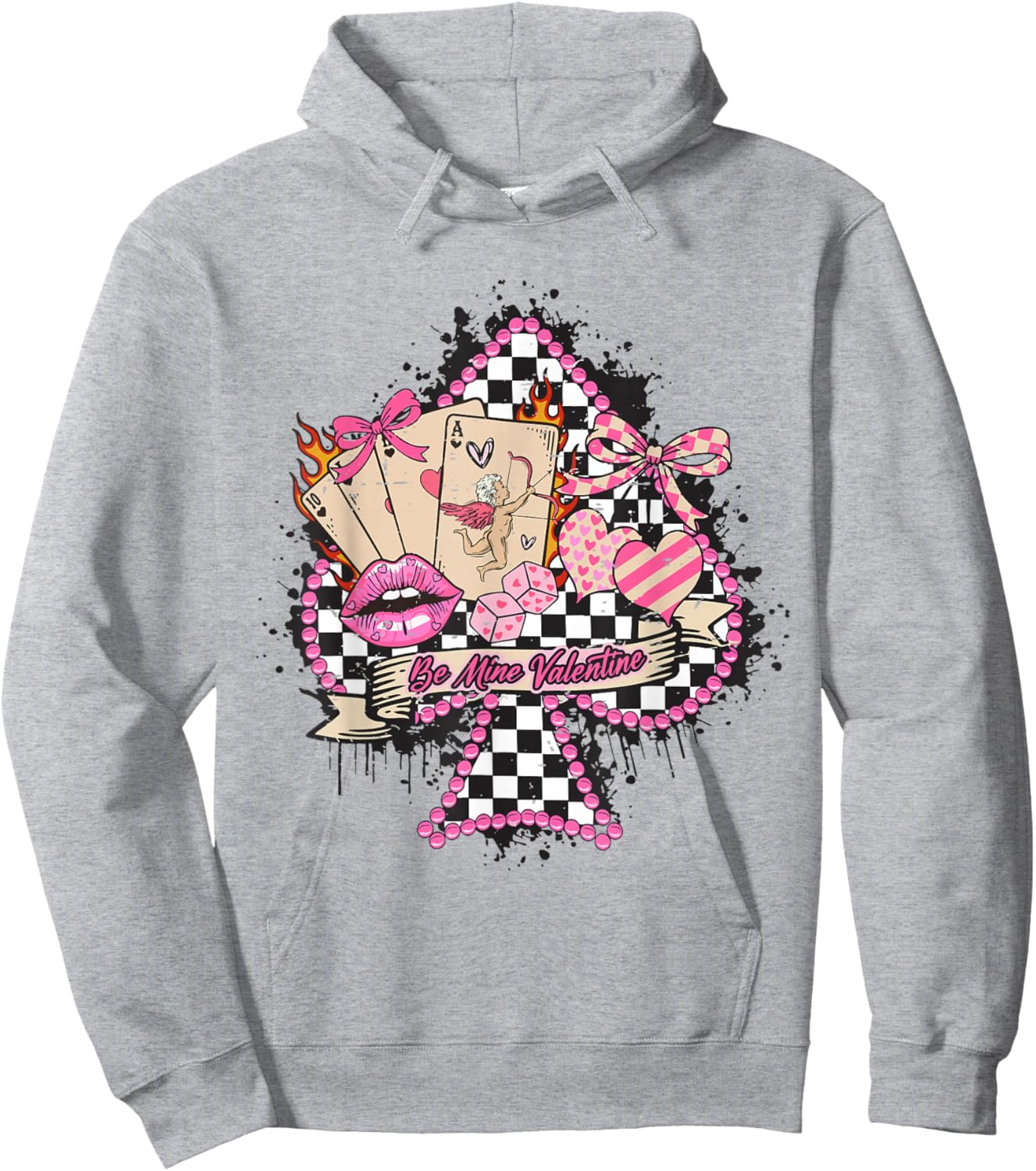 Retro Checkered Western Be Mine Valentine Cherry Bow Cupid Hoodie - Hoodie | Ash