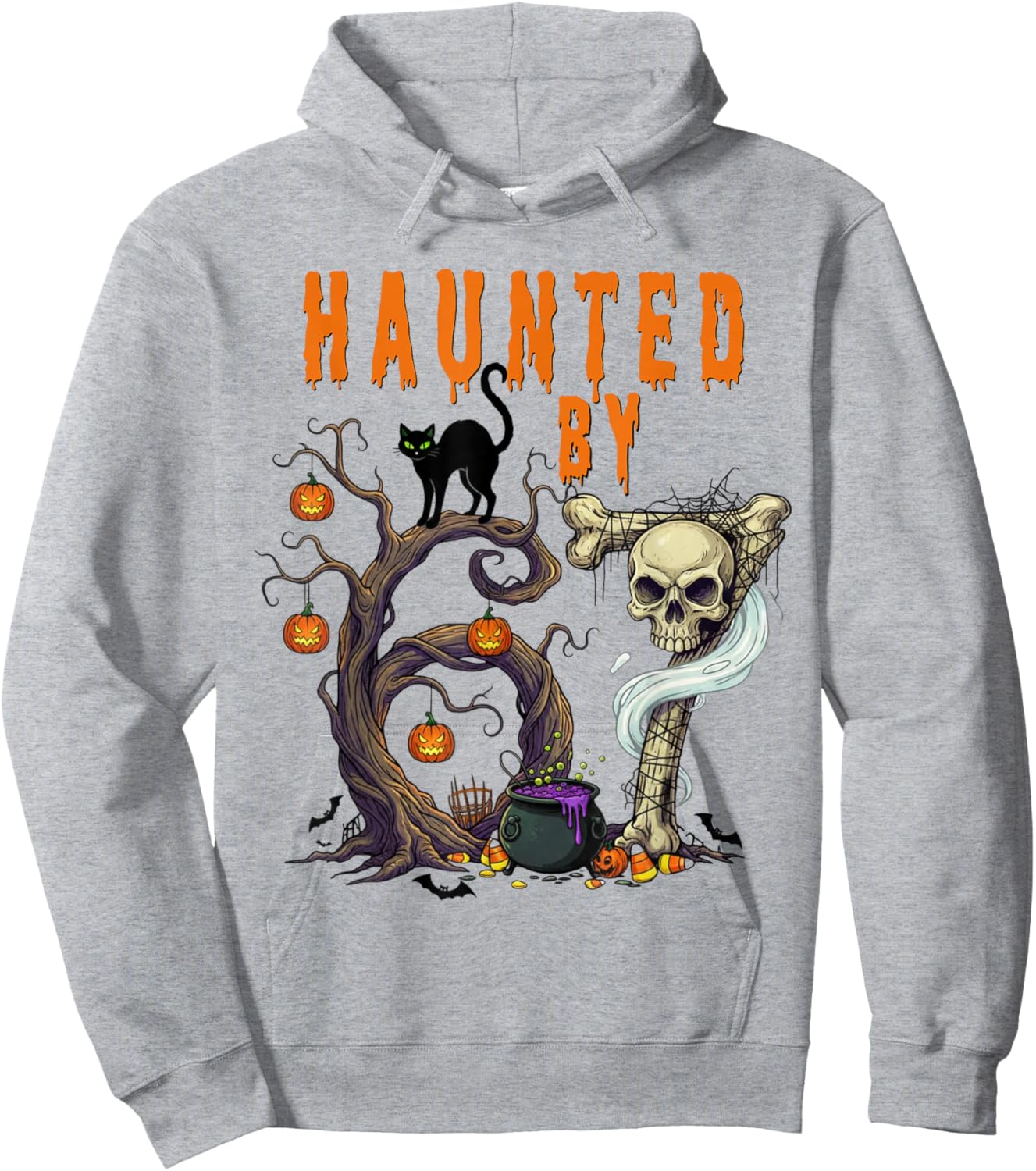 Haunted by 67 - Spooky Black Cat and Skull Halloween Costume Hoodie - Hoodie | Ash