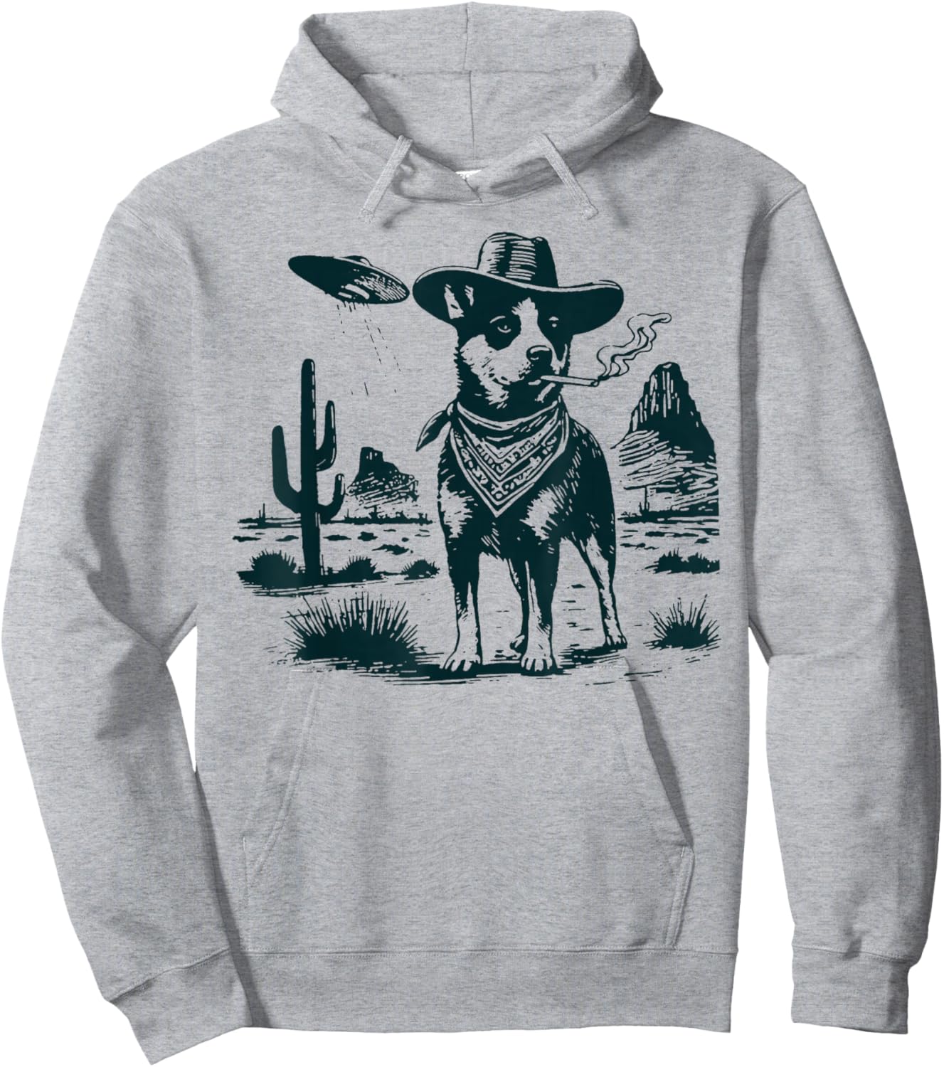 Australian Cattle Dog Smoking with UFO Western Cowboy Dog Hoodie - Hoodie | Ash