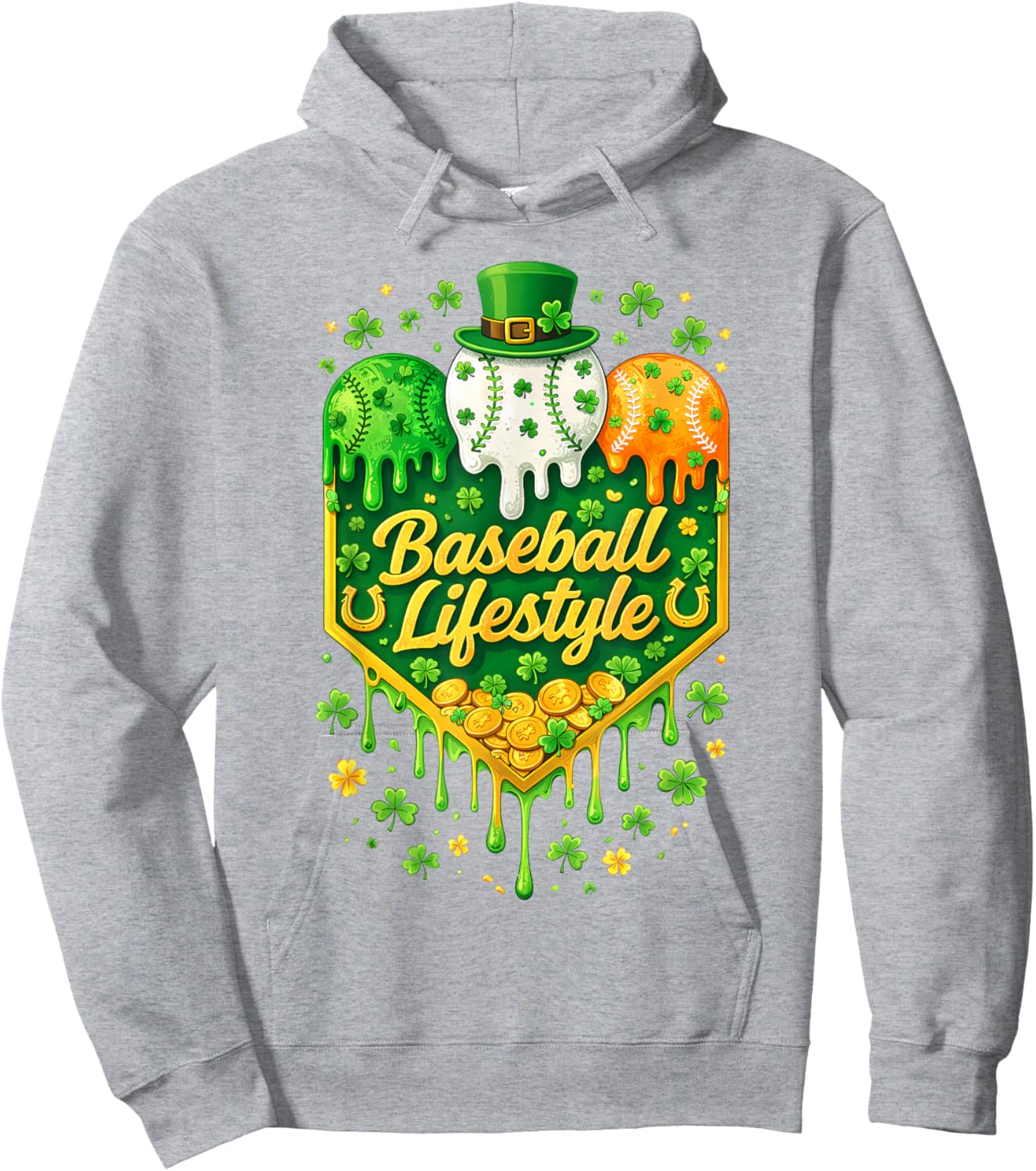Baseball Drip Ice Cream Shamrock Youth Boy St Patricks Day Hoodie - Hoodie | Ash