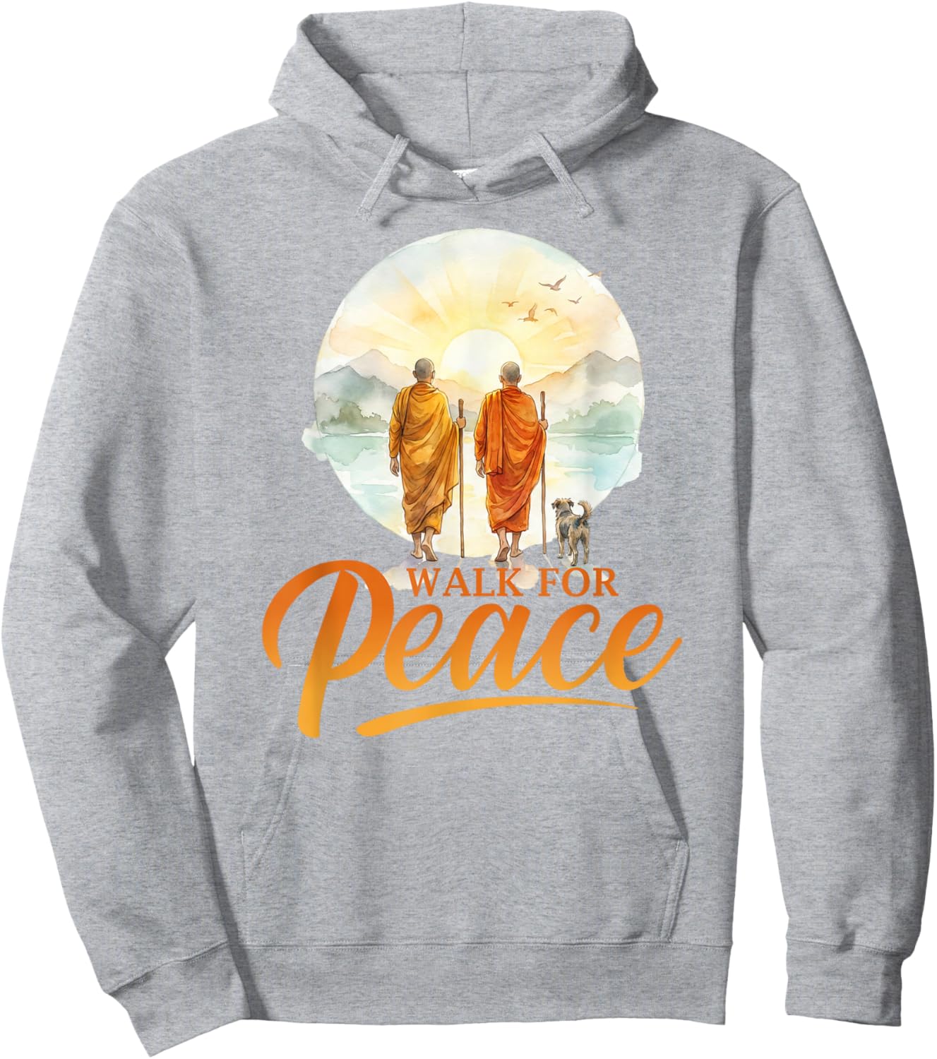Walk for Peace Monks with Aloka Dog Minimalist Zen Art Hoodie - Hoodie | Ash
