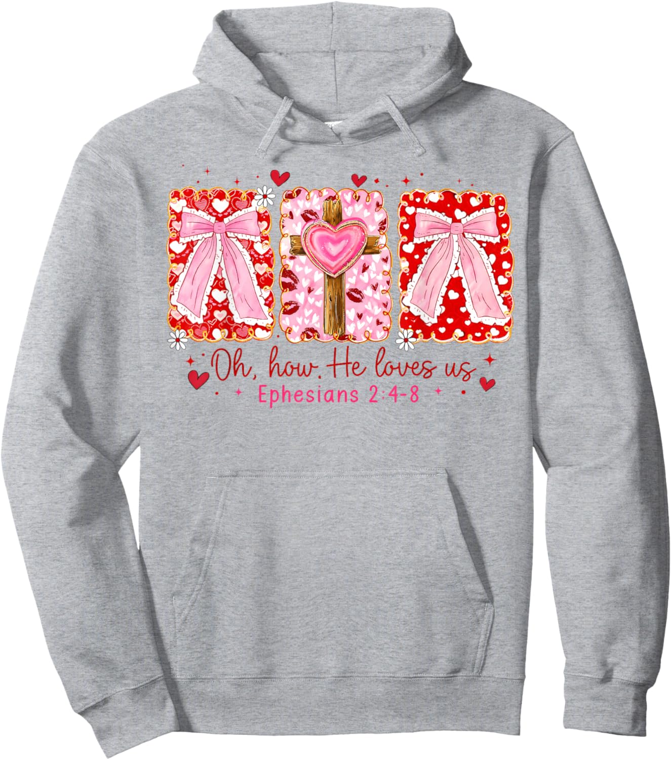Preppy Christian Valentine Oh How He Loves Us Coquette Bow Hoodie - Hoodie | Ash