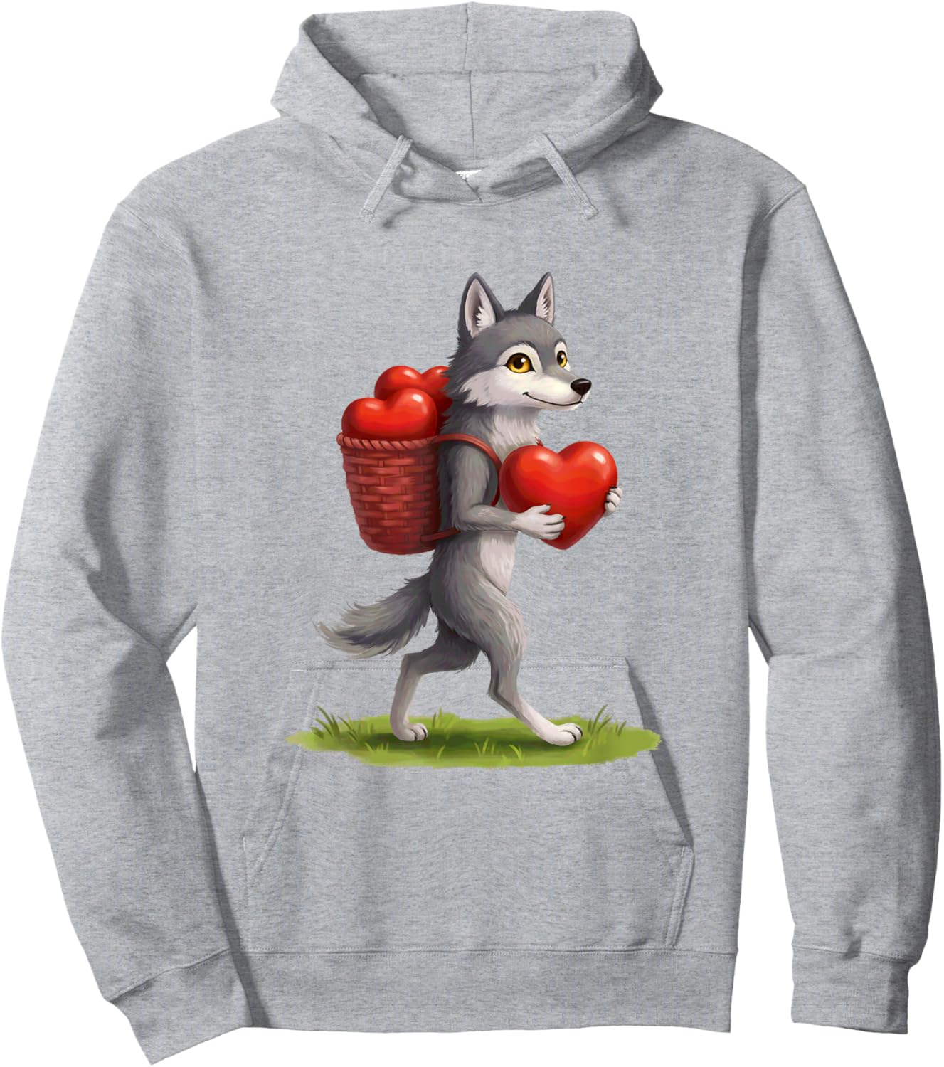 Wolf with Bag of Hearts Valentines Day Hoodie - Hoodie | Ash