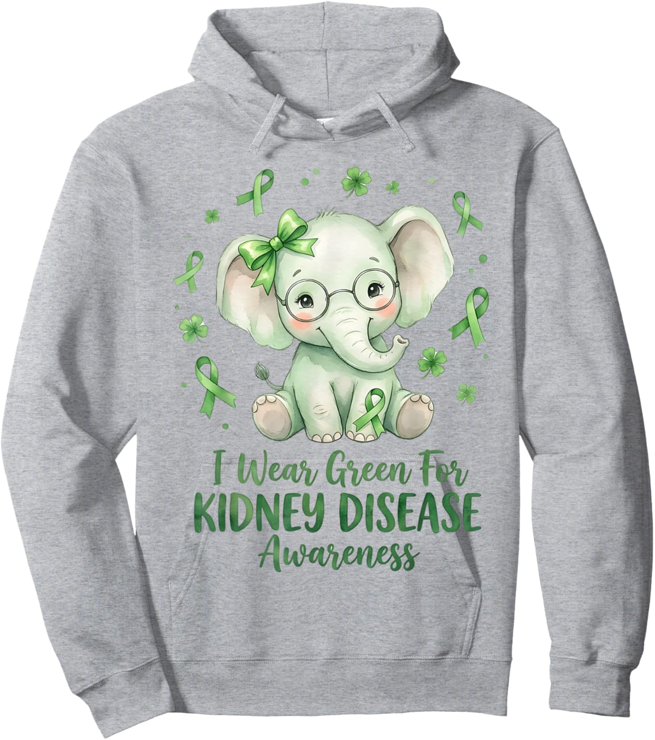I Wear Green for Kidney Disease Awareness Cute Elephant Hoodie - Hoodie | Ash
