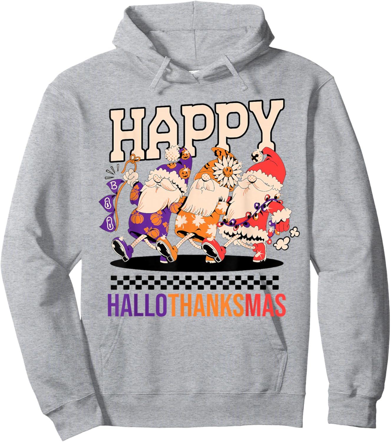 Happy HalloThanksMas Holiday Gnomes Design Hoodie - Hoodie | Ash