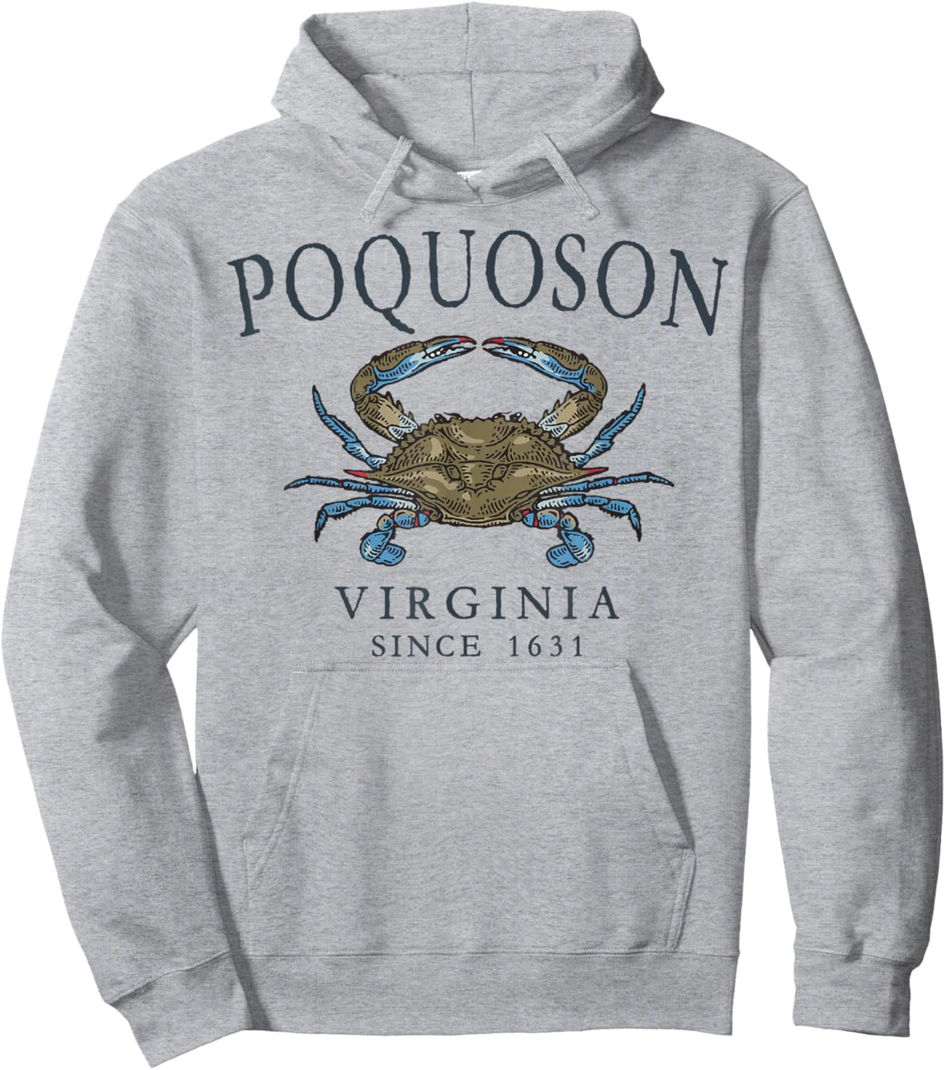 Poquoson Virginia Blue Crab Since 1631 Slate Letters Hoodie - Hoodie | Ash