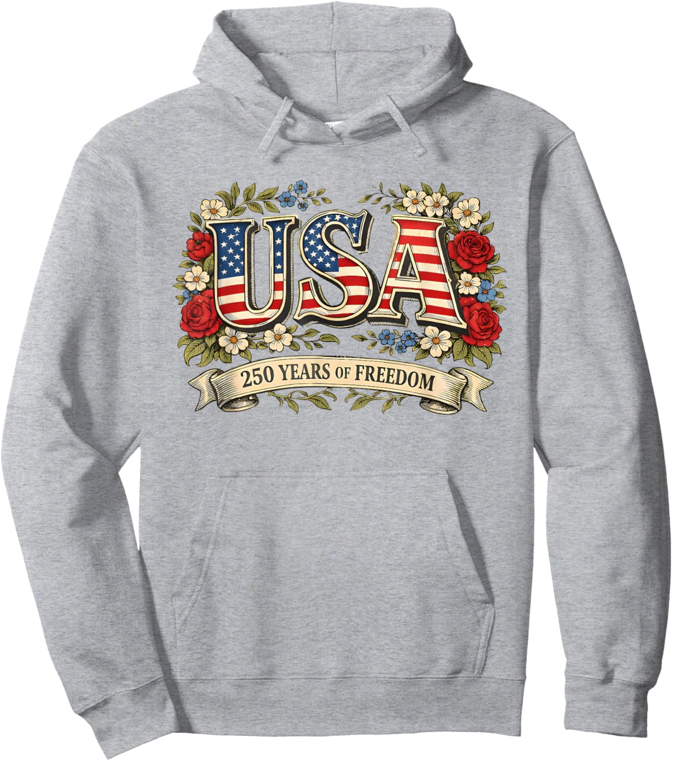 USA 250 Years of Freedom Floral Rose Patriotic Vintage Hoodie - Hoodie | Ash