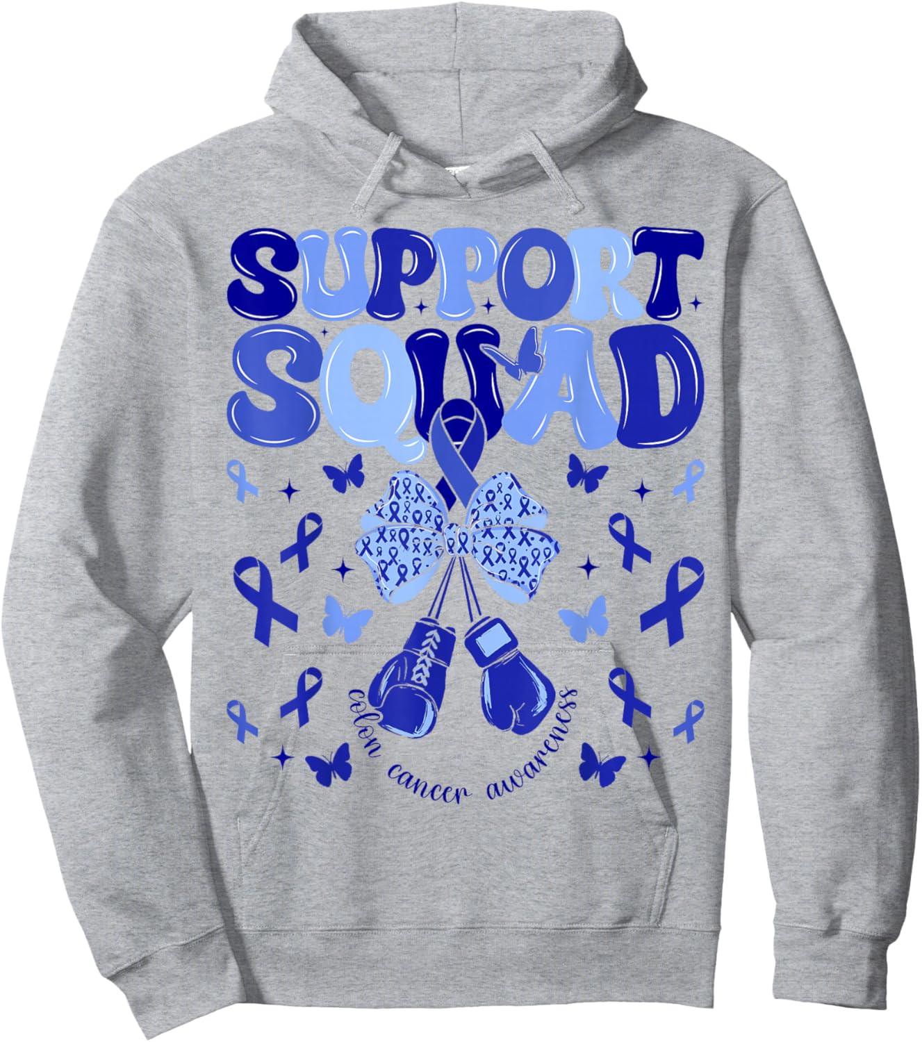 Support Squad Colon Cancer Awareness Blue Ribbon Bow Women Hoodie - Hoodie | Ash