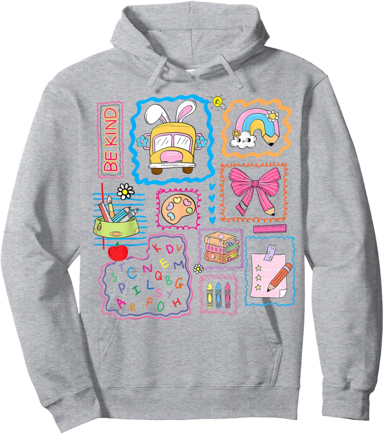 Be Kind School Girls Teacher Coquette Bow Bus Rainbow Crayon Hoodie - Hoodie | Ash