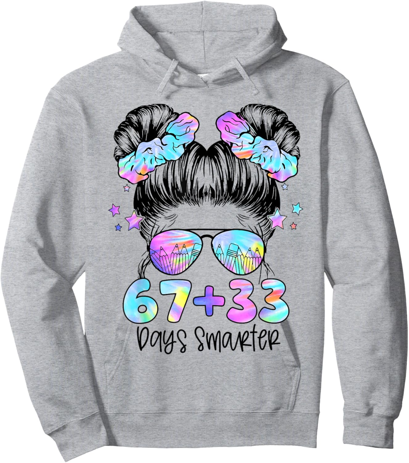 67 33 Days Smarter Messy Bun Girl 100th Day of School Kids Hoodie - Hoodie | Ash