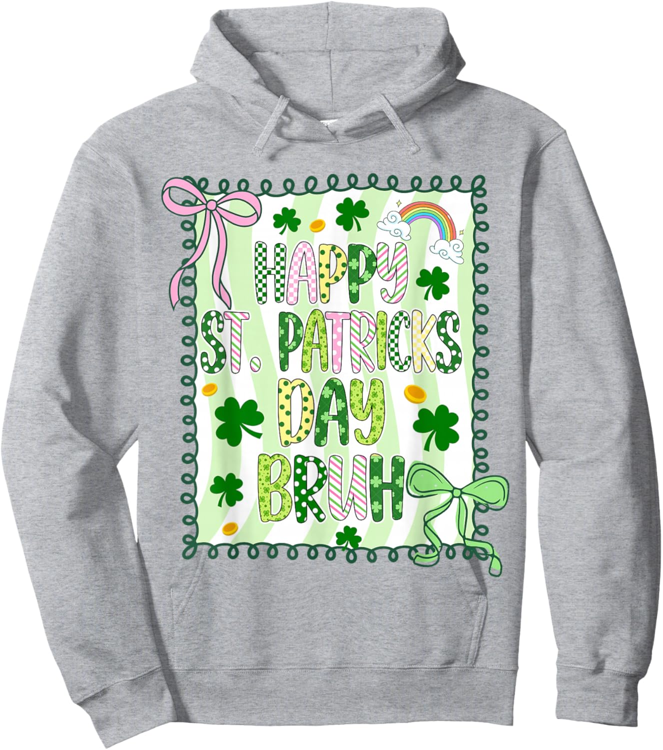 Bruh Happy St Patricks Day Kids Coquette Girls Bow Shamrock Hoodie - Hoodie | Ash