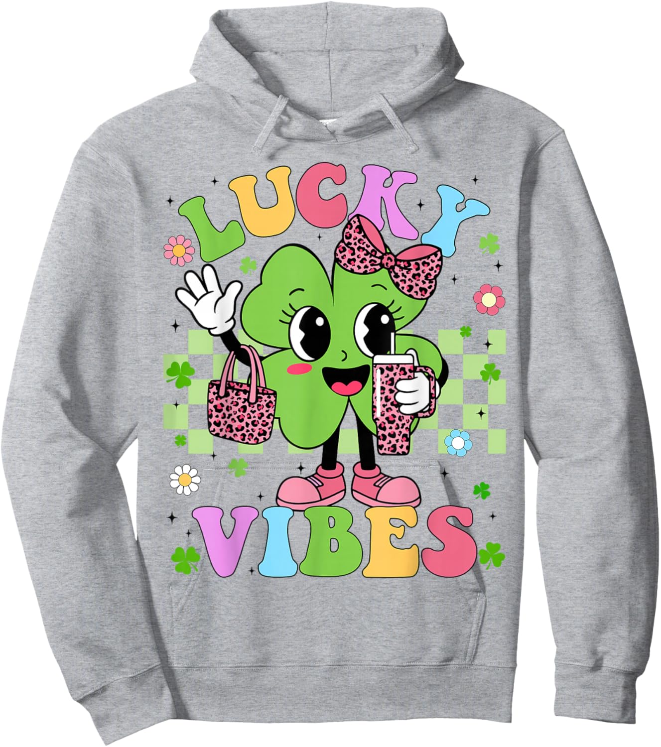 Lucky Vibes Cute Shamrock Leopard St Patricks Girl Kid Women Hoodie - Hoodie | Ash