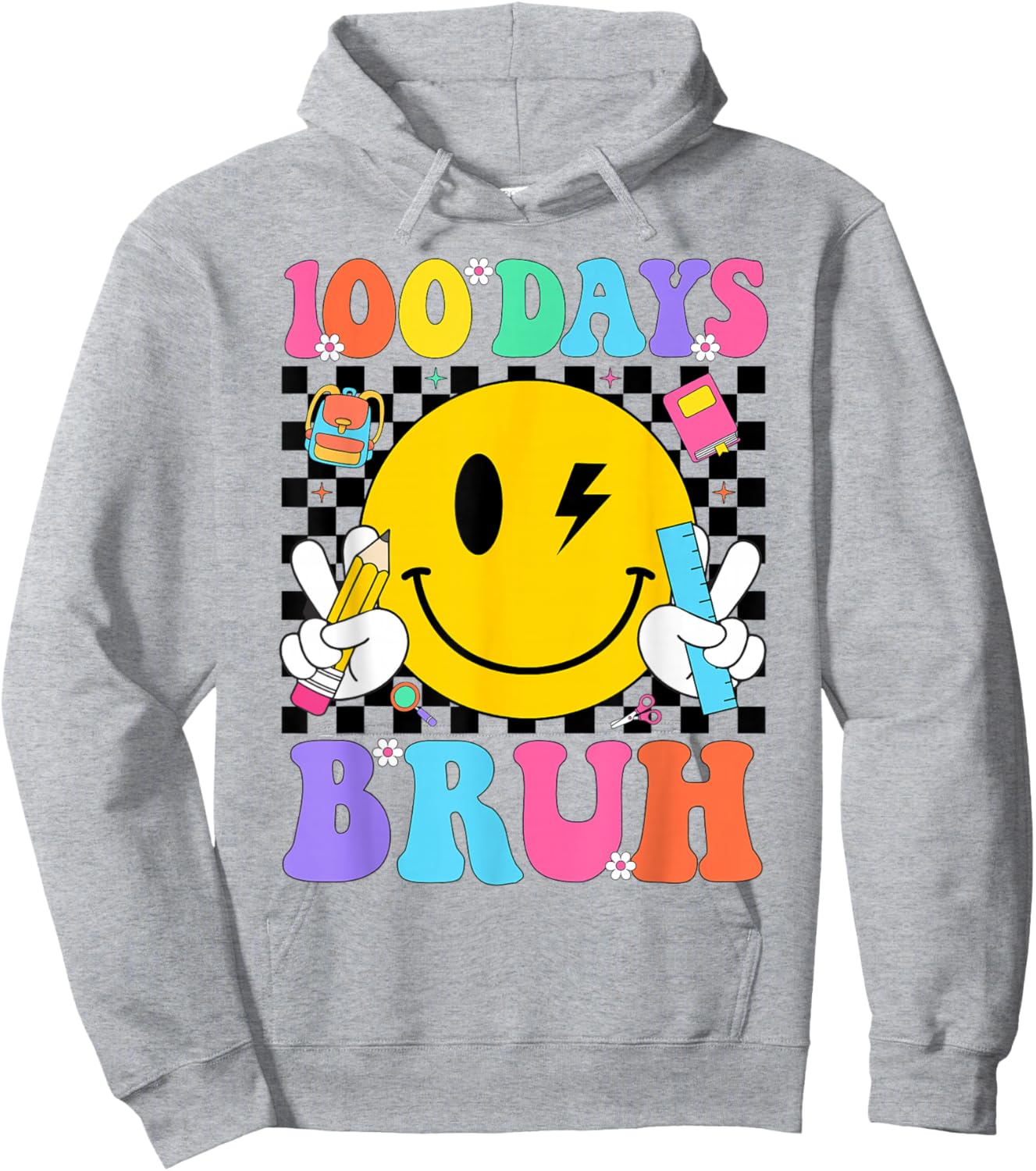 100 Days Bruh Retro Smile Face Boys Girls Kids 100th Day Hoodie - Hoodie | Ash
