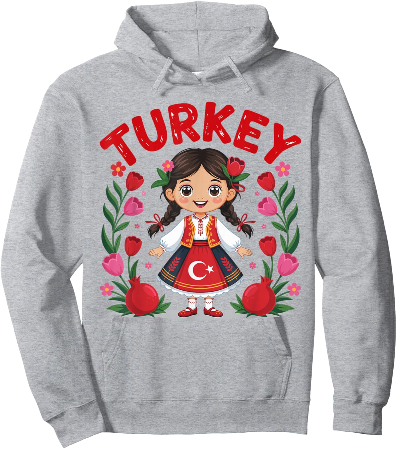 Turkey Girl Traditional Dress with Tulips and Pomegranates Hoodie - Hoodie | Ash