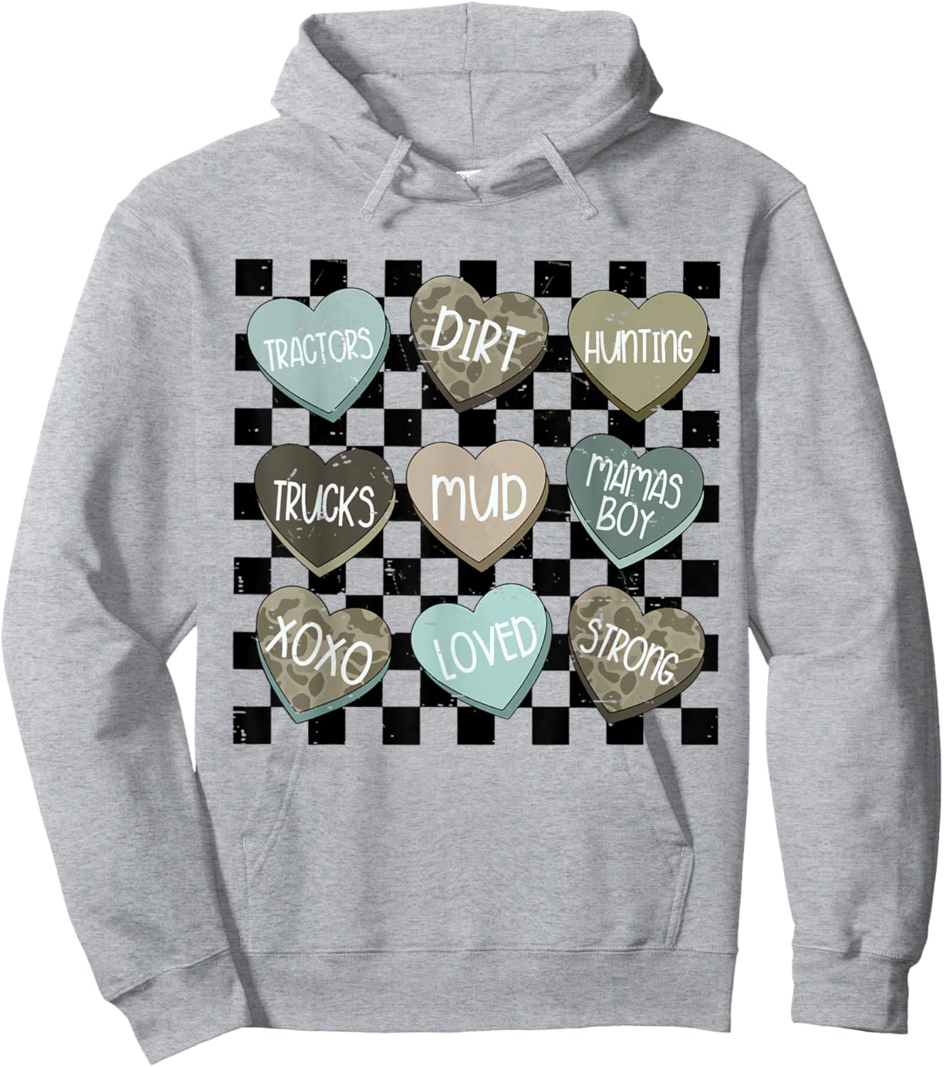 Retro Checkered Camo Hearts Valentine Loved XOXO Kids Boys Hoodie - Hoodie | Ash