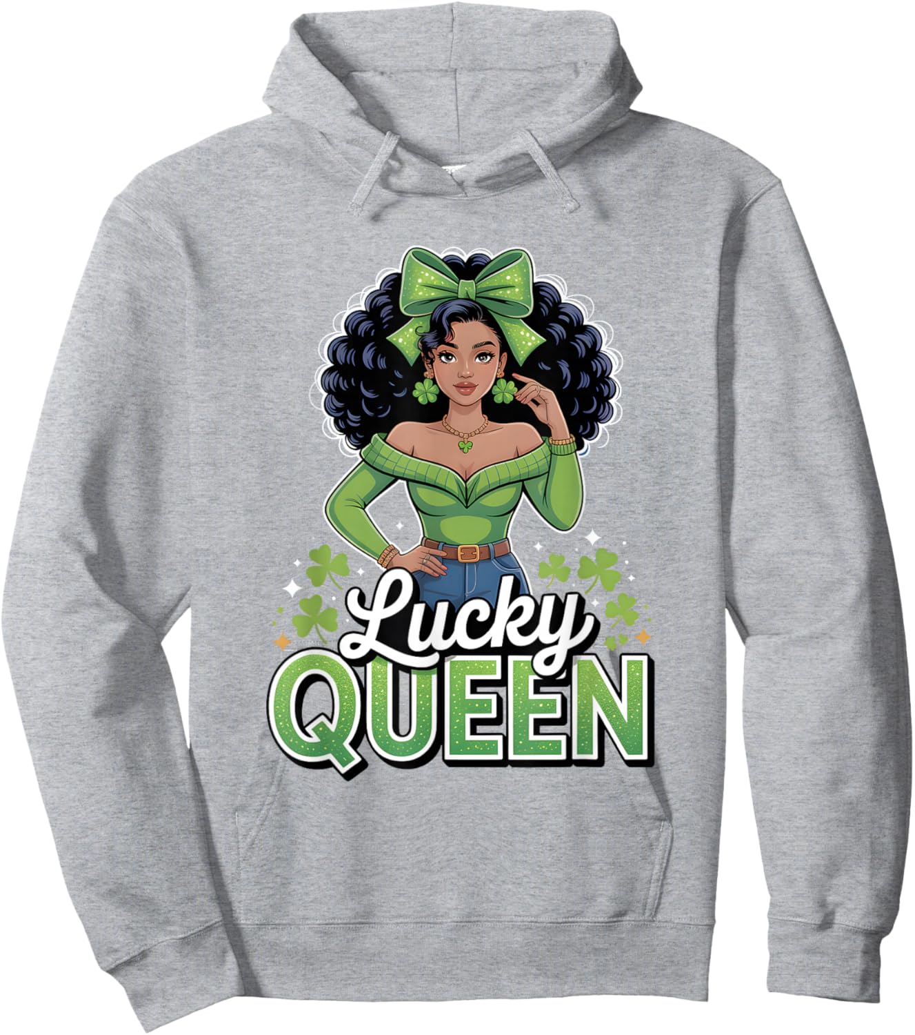 Lucky Queen St Patricks Day Black Girl Afro Shamrock Squad Hoodie - Hoodie | Ash