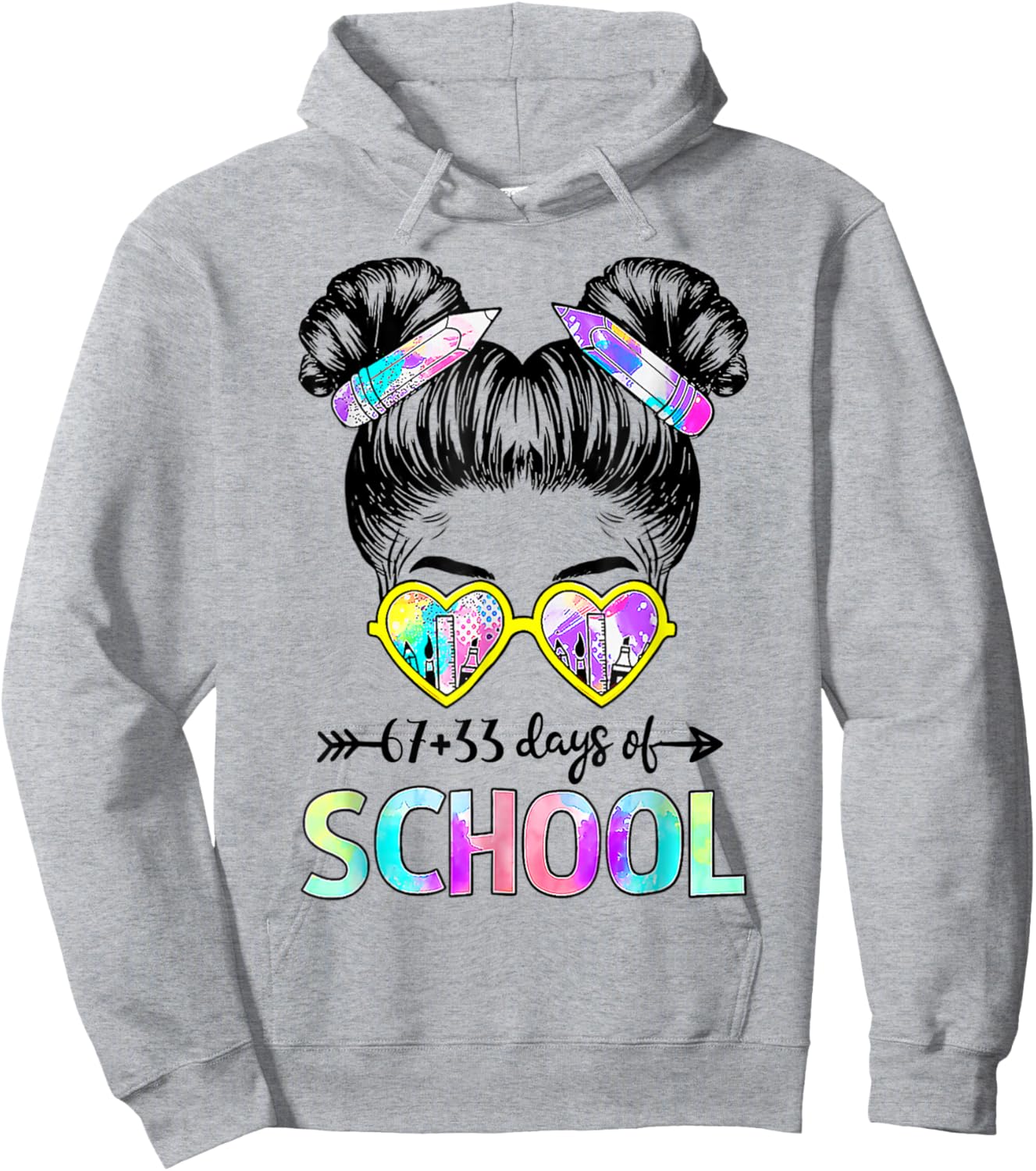 67 33 Days Smarter Girls Messy Bun Hair 100th Day of School Hoodie - Hoodie | Ash