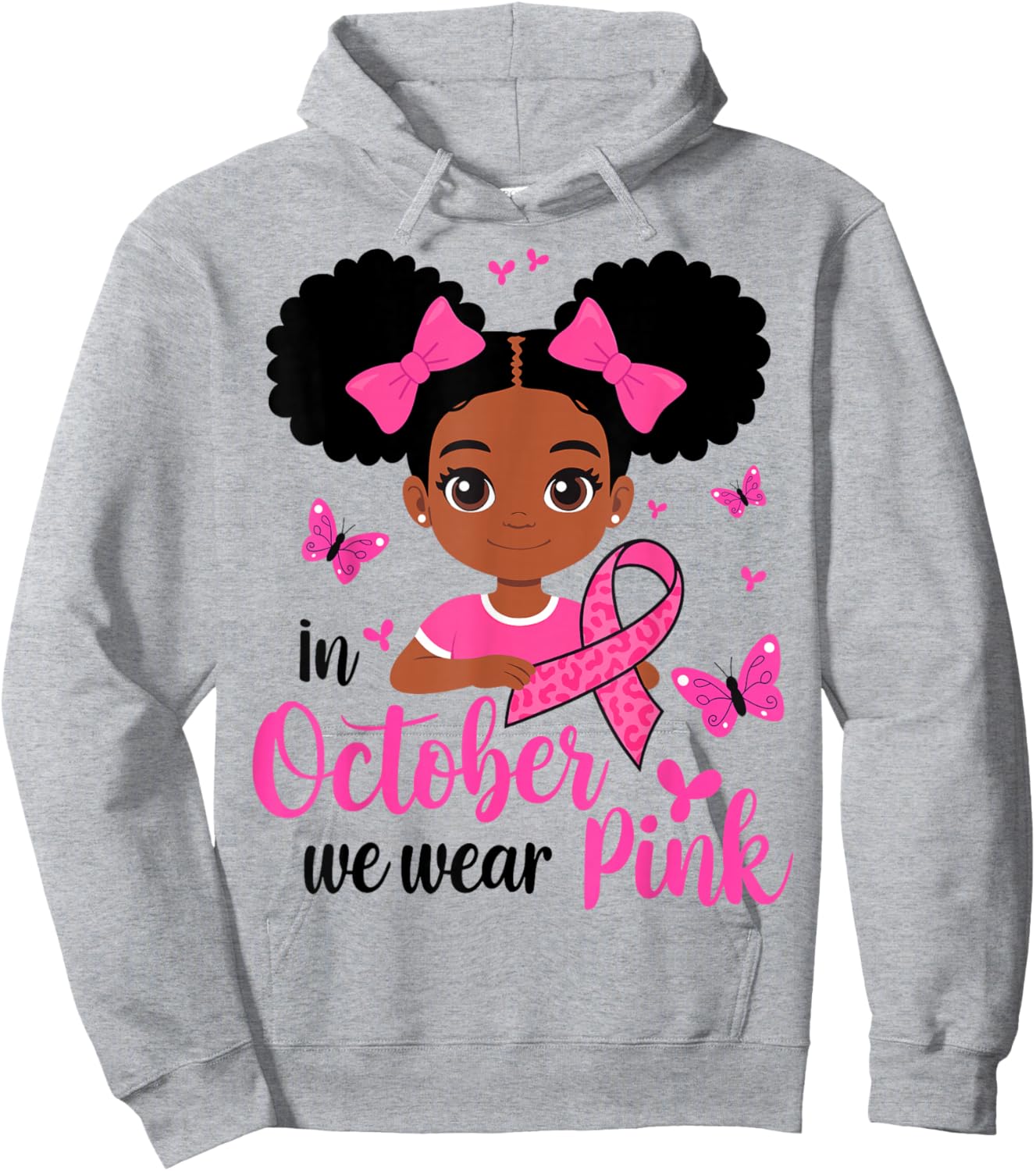Messy Bun in October We Wear Pink Breast Cancer Black Girls Hoodie - Hoodie | Ash