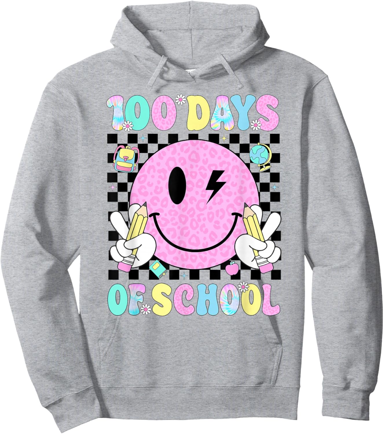 100 Days of School Retro Smile Face Teacher Kids 100th Day Hoodie - Hoodie | Ash