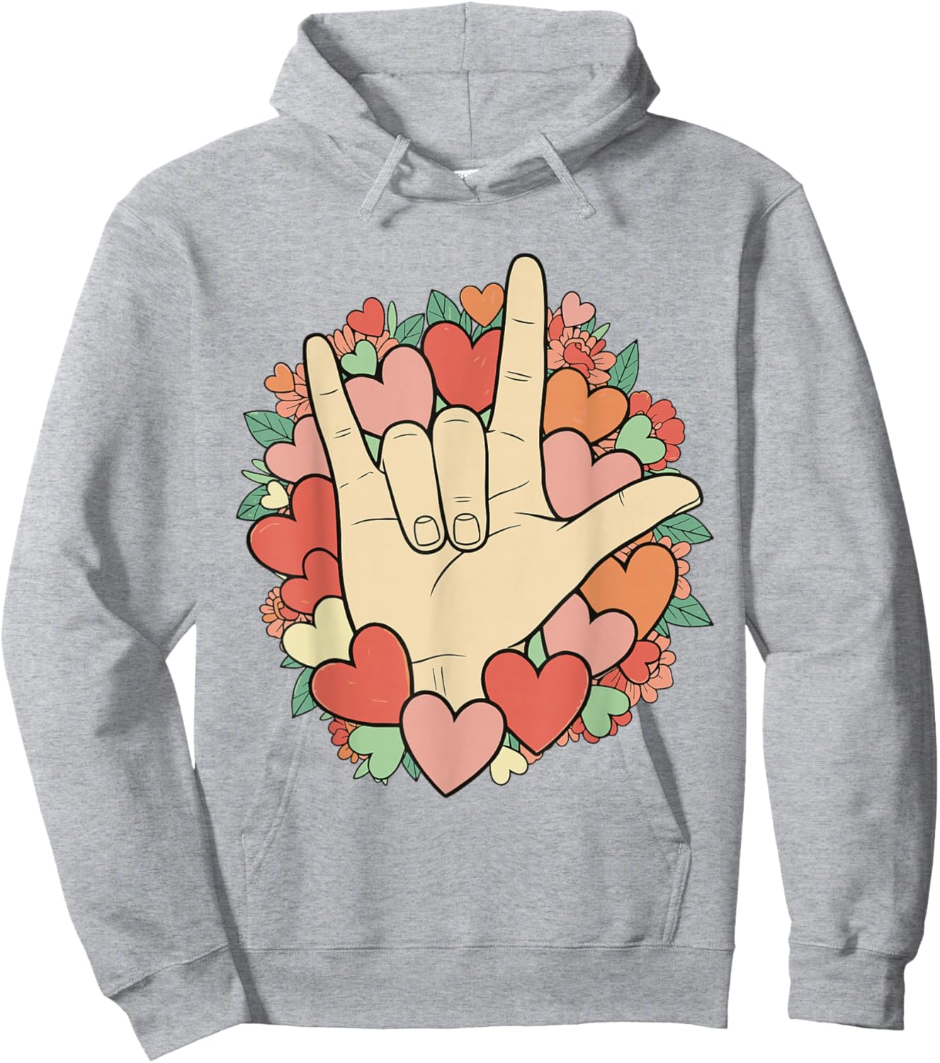 I Love You Sign Language Valentine's Day ASL Hearts Floral Hoodie - Hoodie | Ash