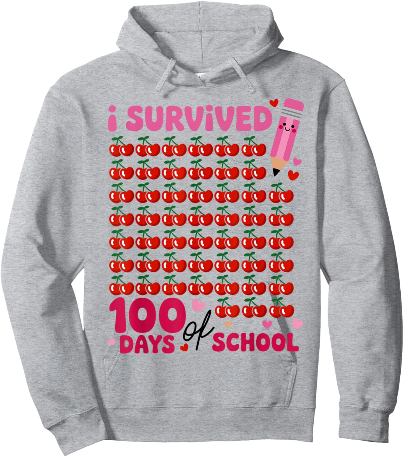 I Survived 100 Days of School Cherry Pink Cute 100th Day Hoodie - Hoodie | Ash