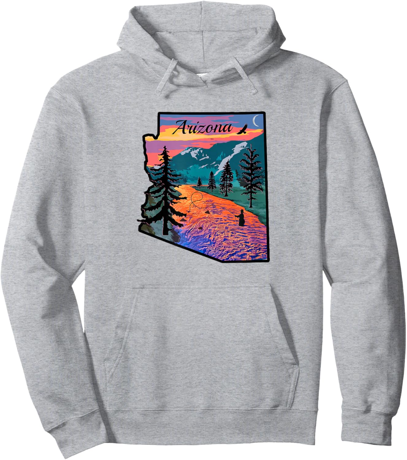 Arizona Fly Fishing Retro Sunset State Outline Hoodie - Hoodie | Ash