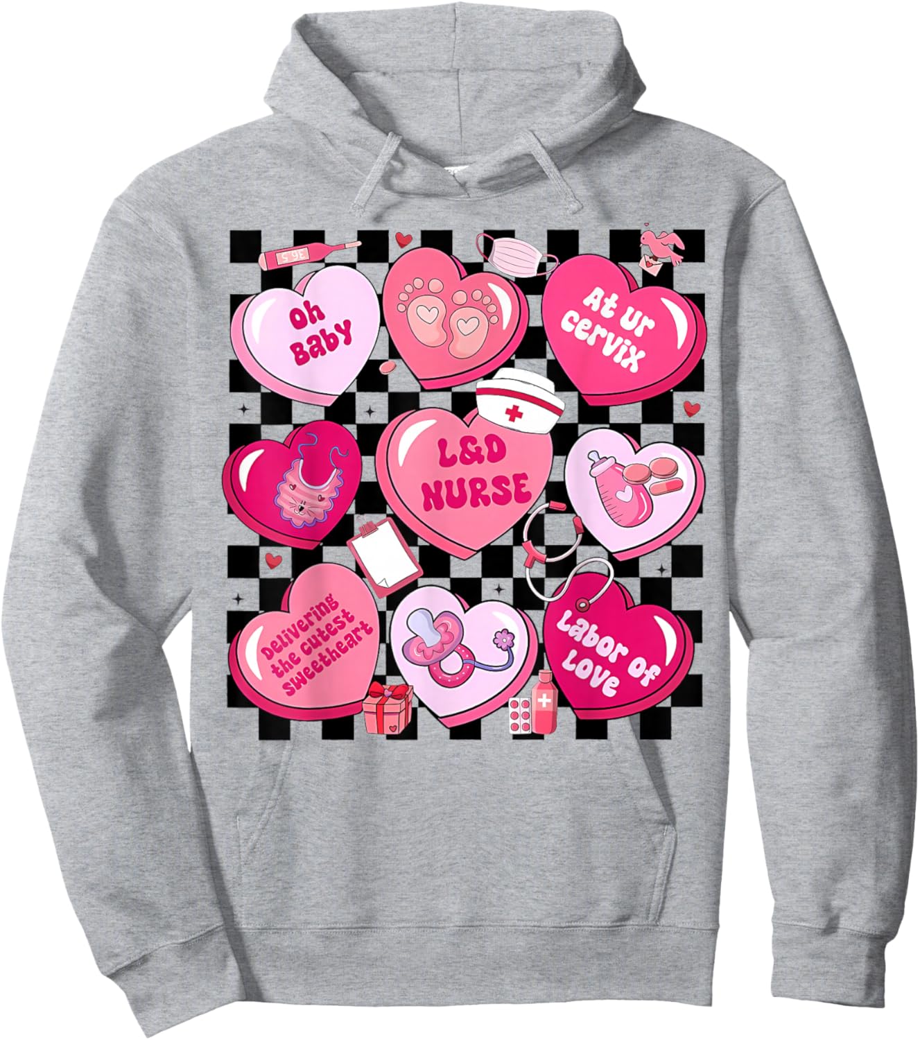 Women Labor and Delivery Nurse Hearts Candy Valentine's Day Hoodie - Hoodie | Ash