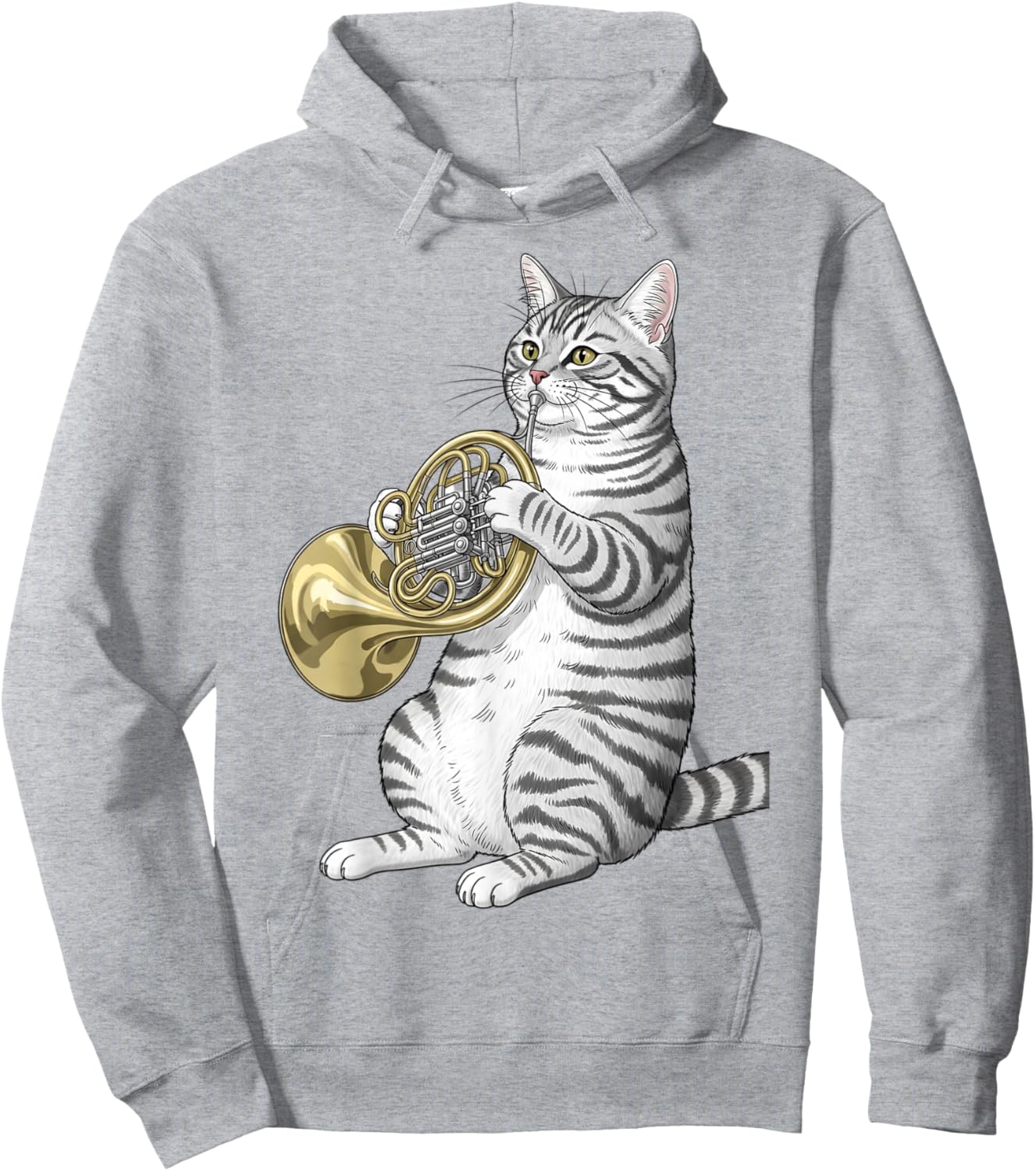 Funny Cat Playing French Horn Player Men Women Kids Boys Hoodie - Hoodie | Ash